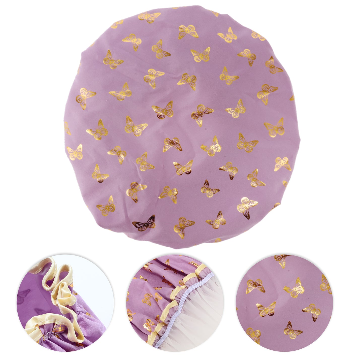 1 Pc Women Double Layer Gilded Butterfly Shower Cap for Bathroom Vacation Purple