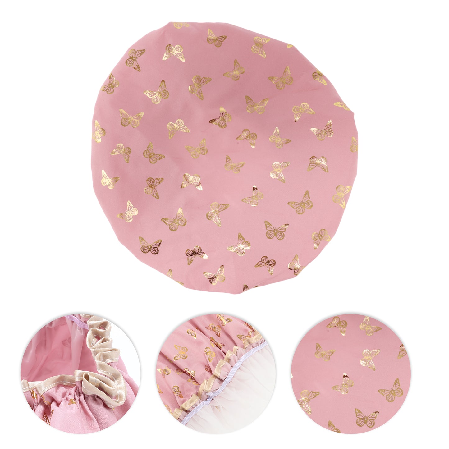 1 Pc Women Double Layer Gilded Butterfly Shower Cap for Bathroom Travel Rose Red