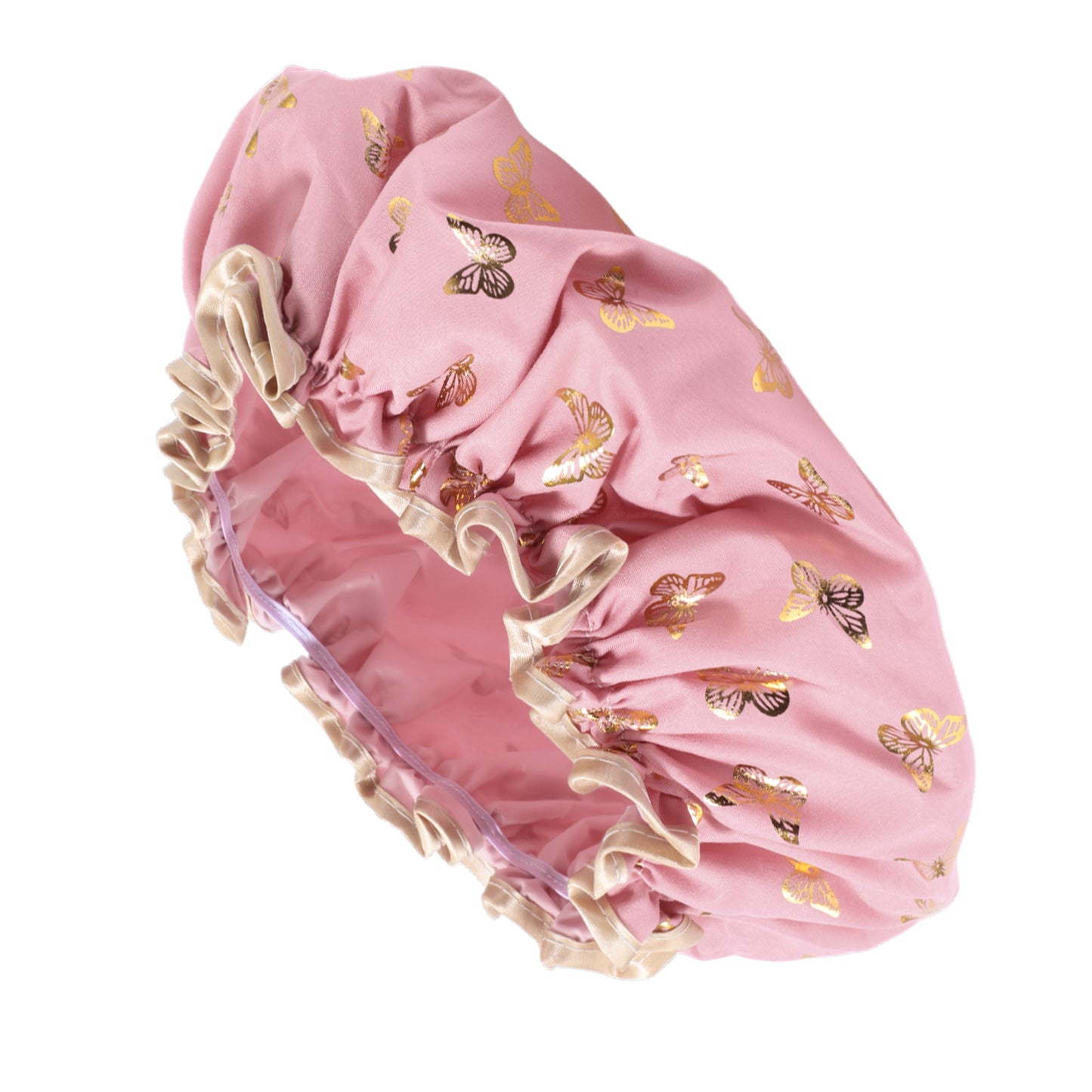 1 Pc Women Double Layer Gilded Butterfly Shower Cap for Bathroom Travel Rose Red