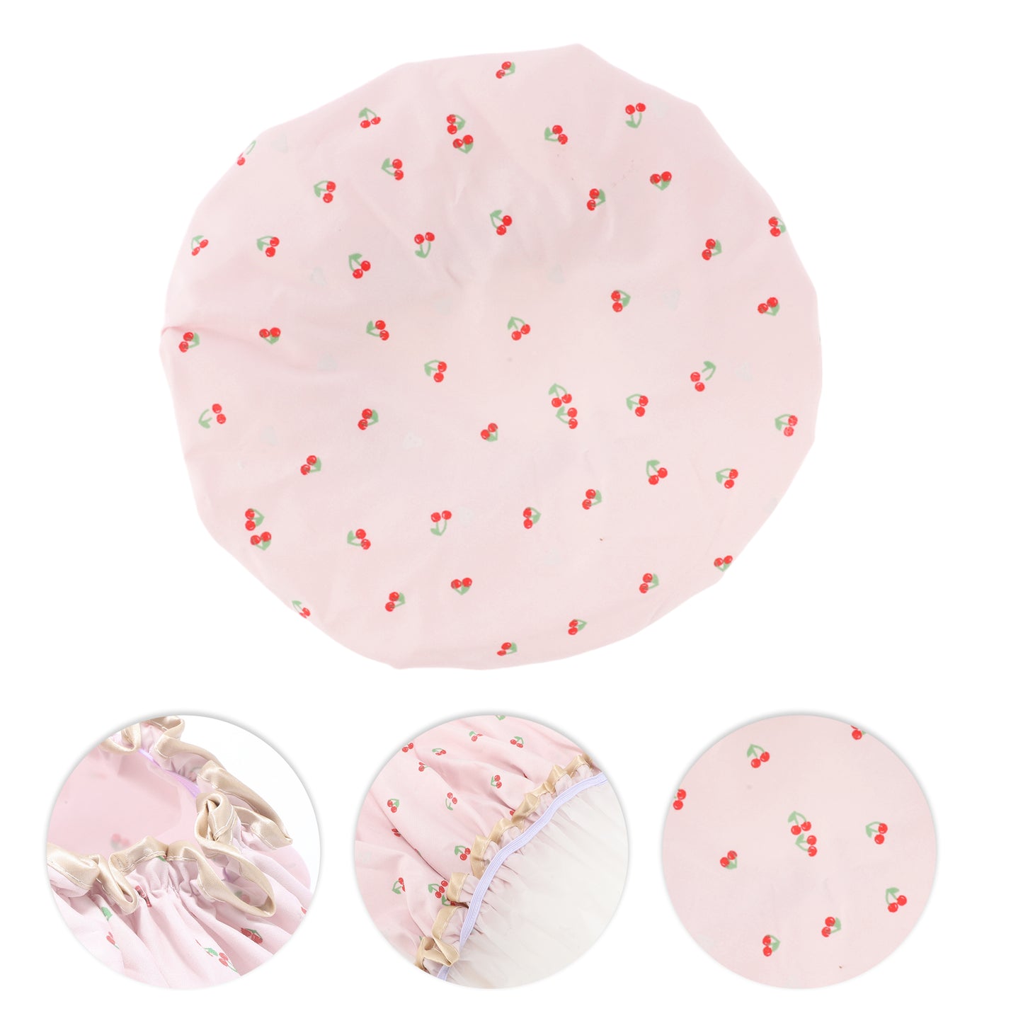1 Pc Women Double Layer Cherry Pattern Shower Cap for Bathroom Vacation Pink