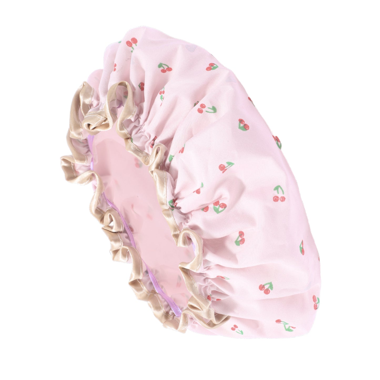 1 Pc Women Double Layer Cherry Pattern Shower Cap for Bathroom Vacation Pink