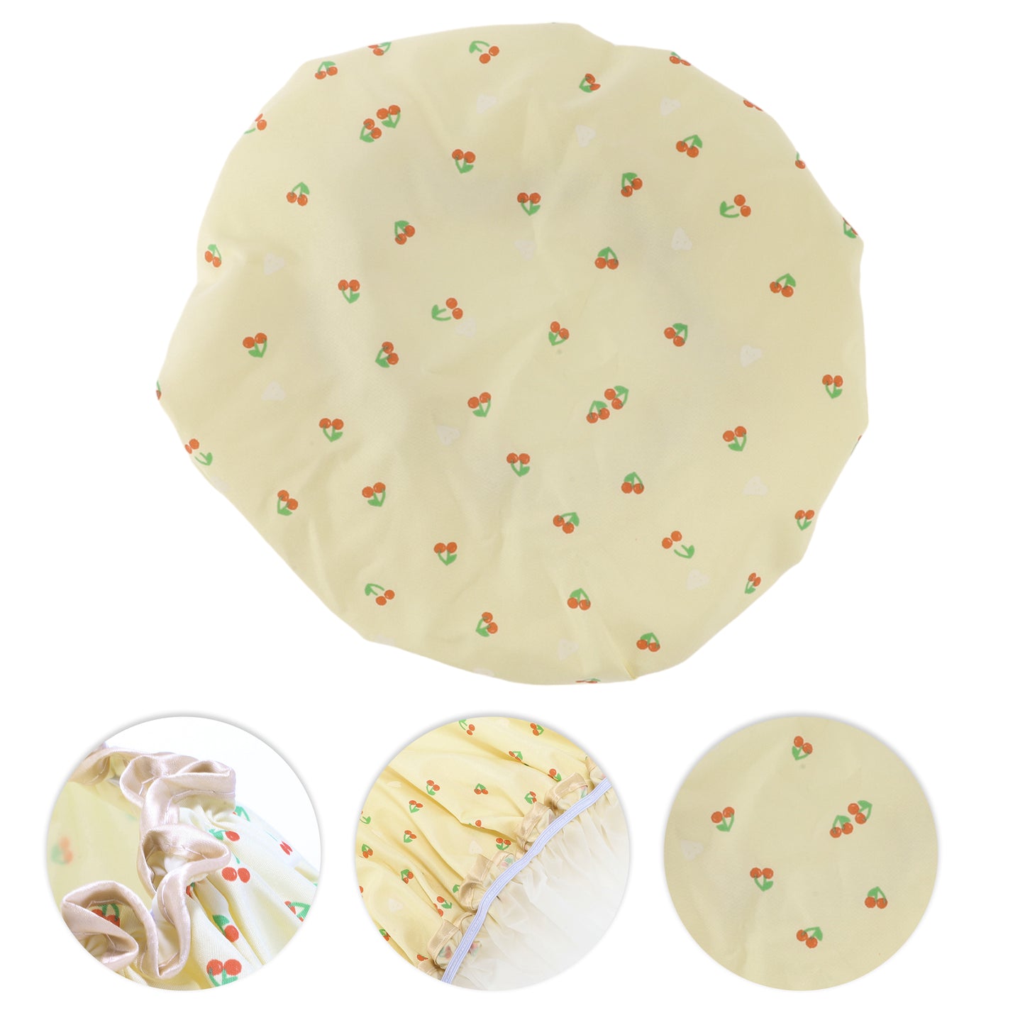 1 Pc Women Double Layer Cherry Pattern Shower Cap for Bathroom Vacation Yellow