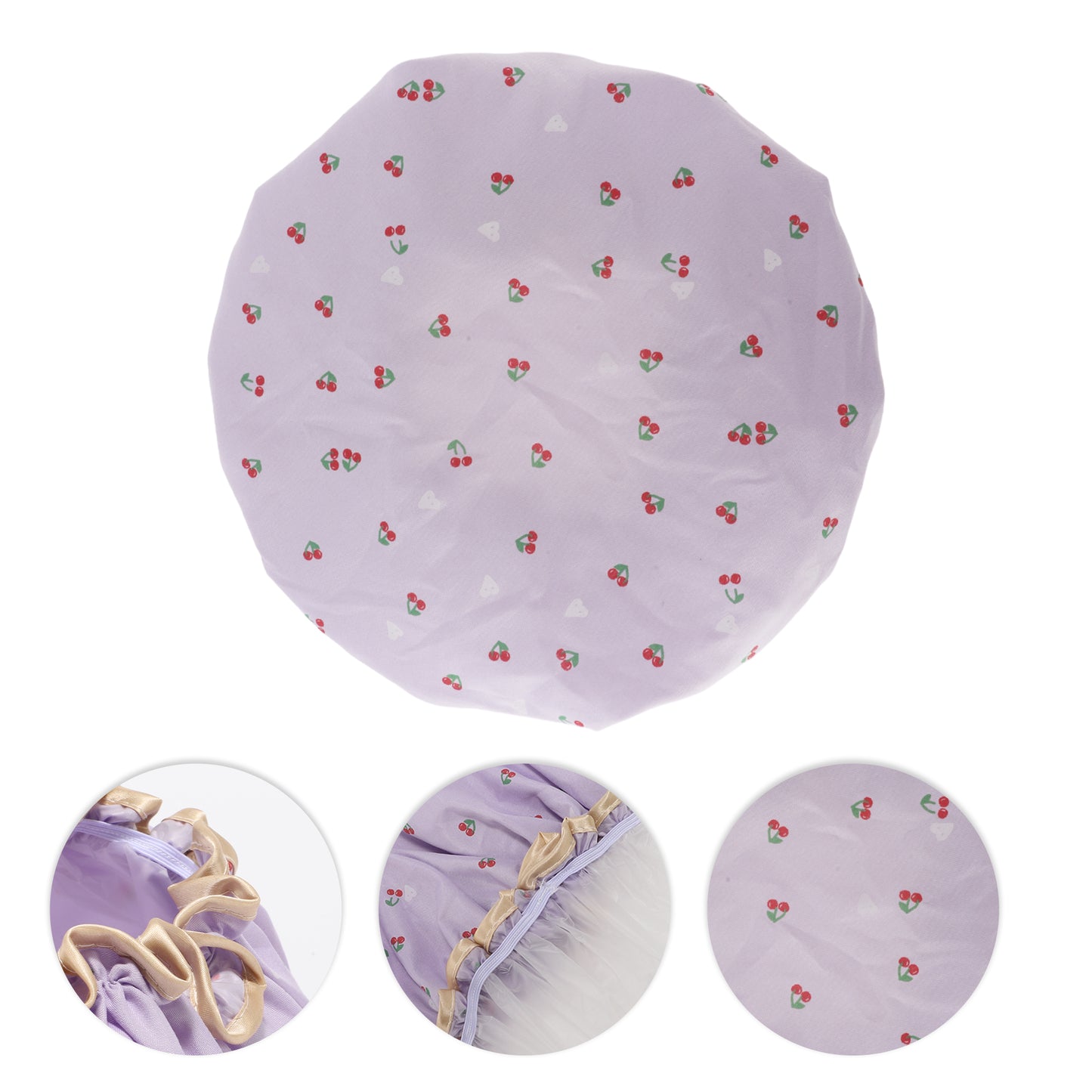 1 Pc Women Double Layer Cherry Pattern Shower Cap for Bathroom Vacation Purple