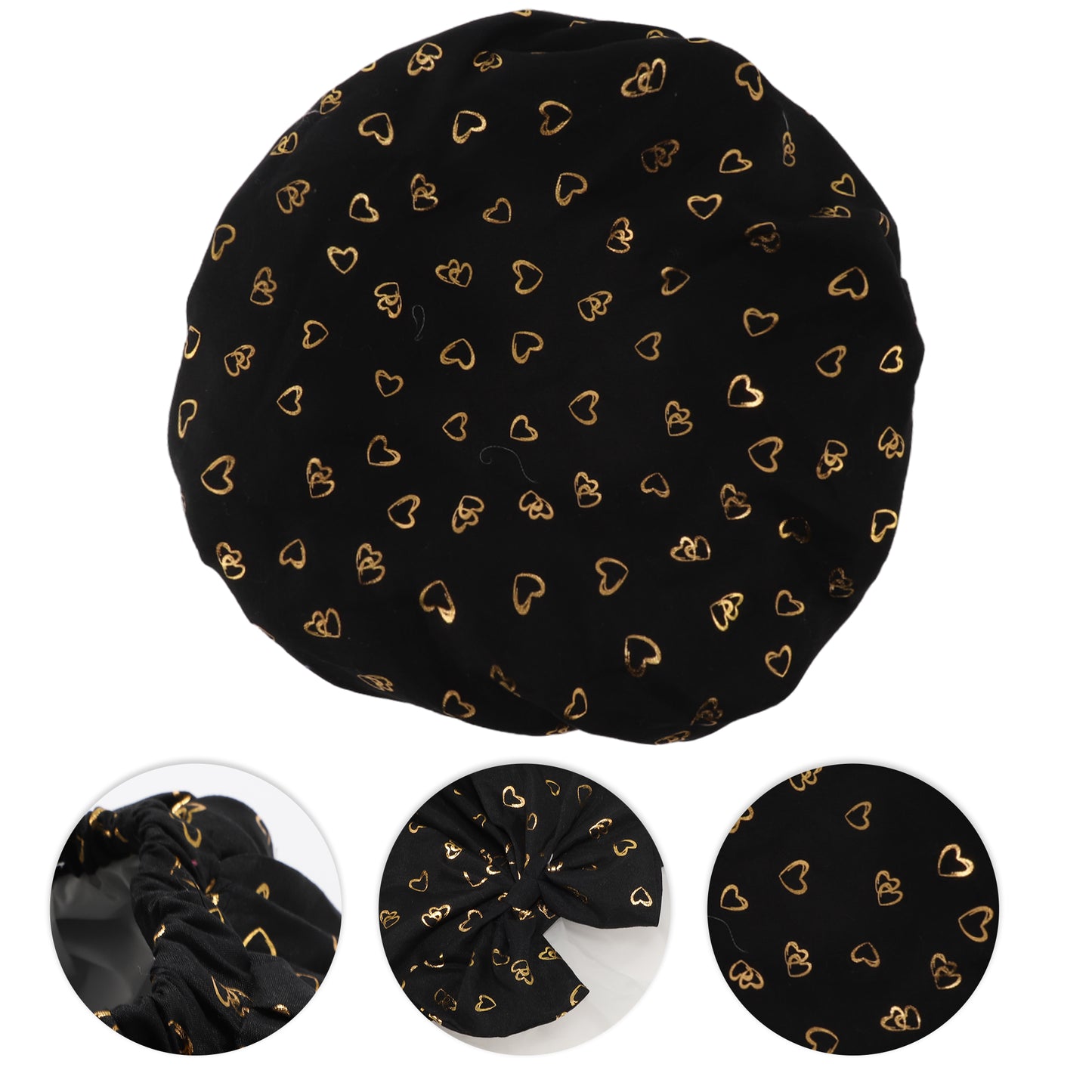 1 Pc Women Double Layer Heart Bow Shower Cap for Bathroom Vacation Travel Black