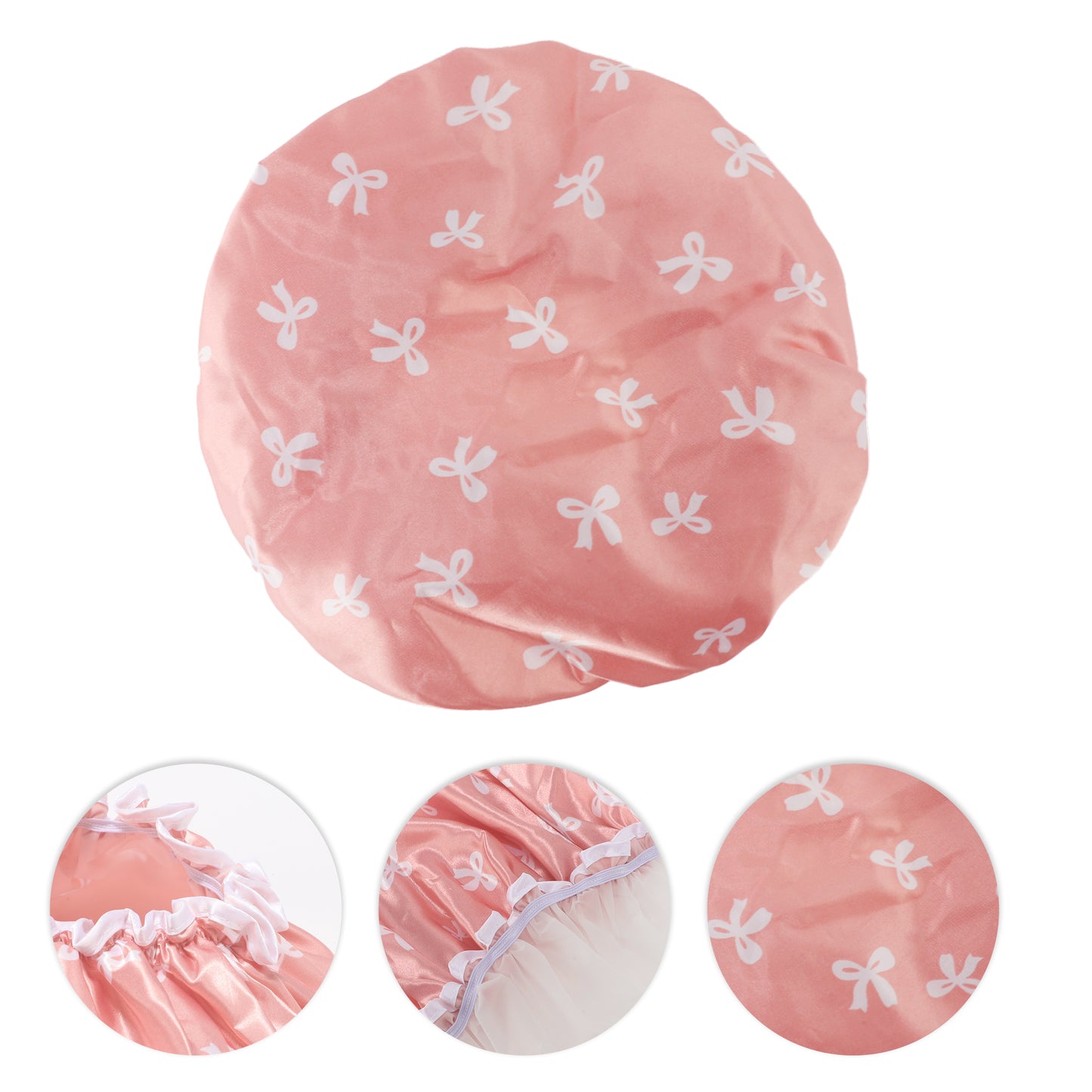 1 Pc Women Double Layer Bow Shower Cap for Bathroom Vacation Travel Hotel Pink