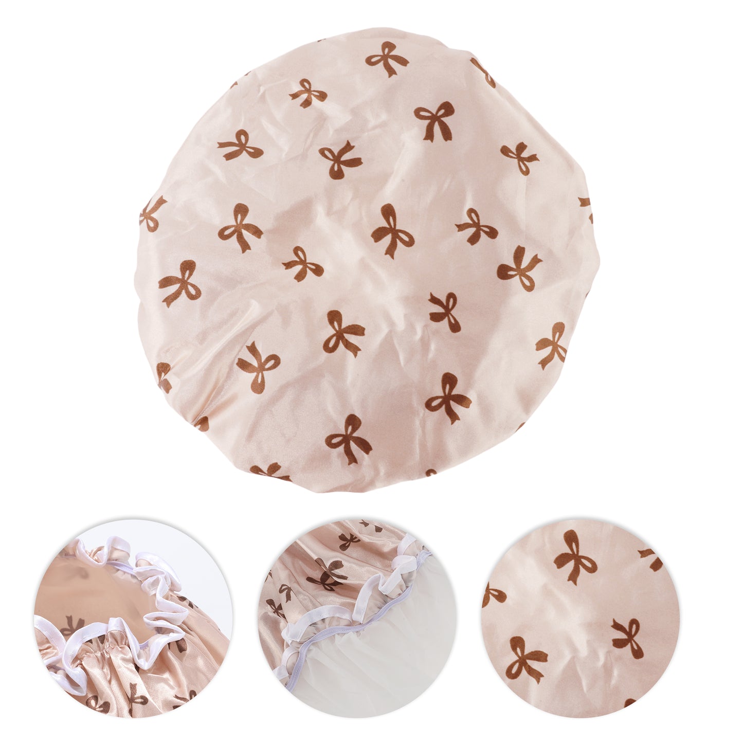 1 Pc Women Double Layer Bow Shower Cap for Bathroom Vacation Travel Hotel Brown