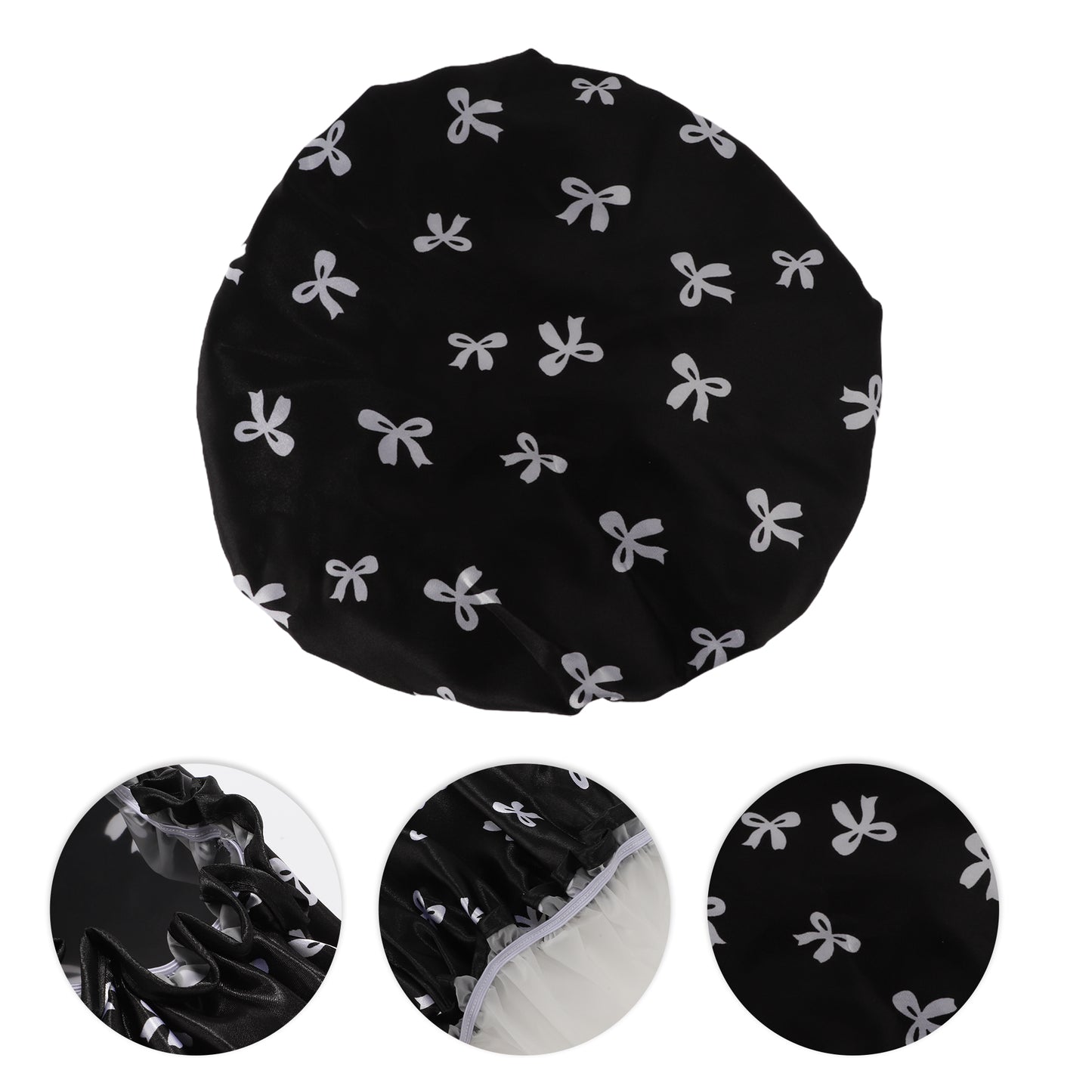 1 Pc Women Double Layer Bow Shower Cap for Bathroom Vacation Travel Hotel Black