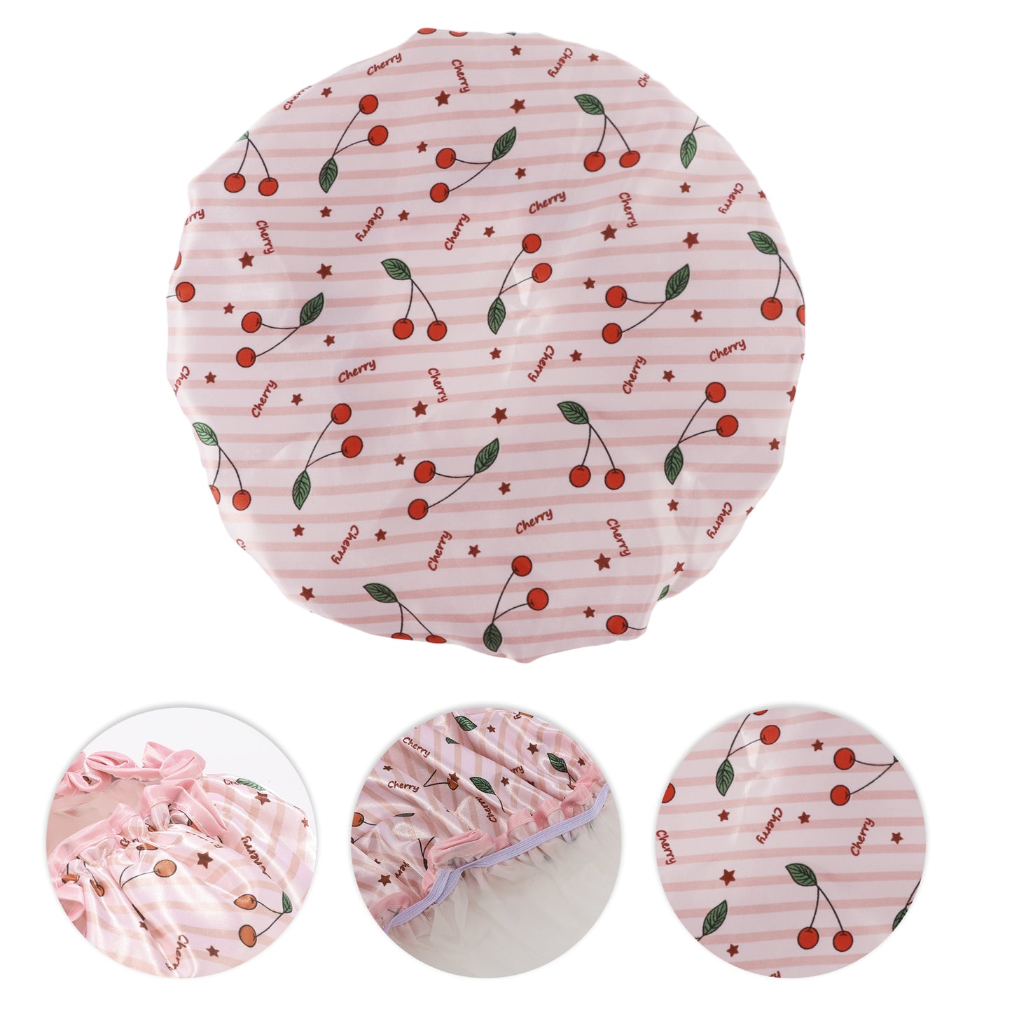 1 Pc Women Double Layer Small Cherry Shower Cap for Bathroom Vacation Travel Pink