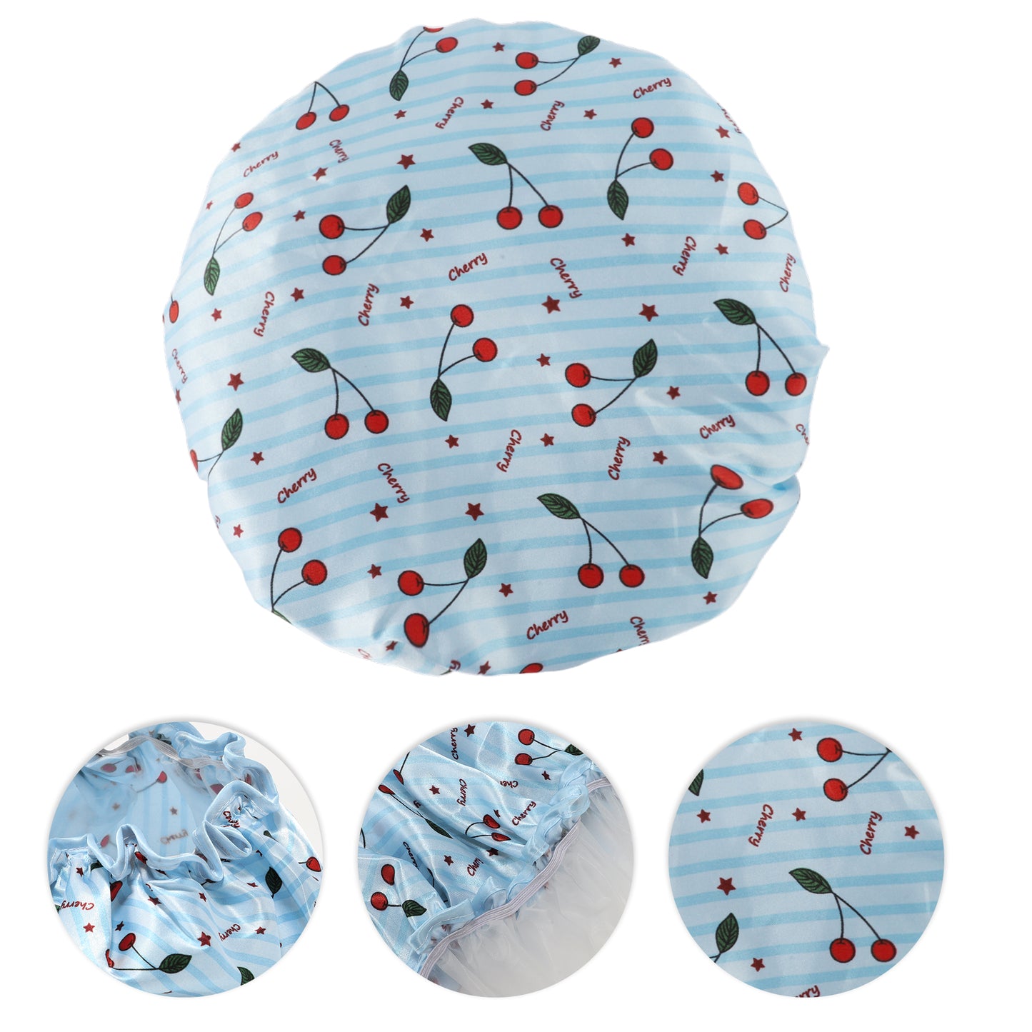 1 Pc Women Double Layer Small Cherry Shower Cap for Bathroom Vacation Sky Blue