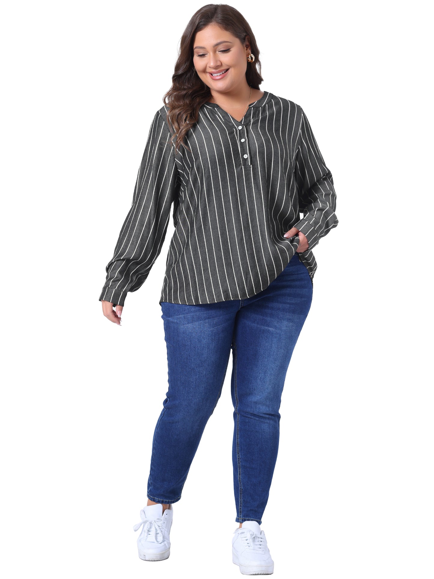 Women Plus Size Long Sleeve Button Down Shirt Top