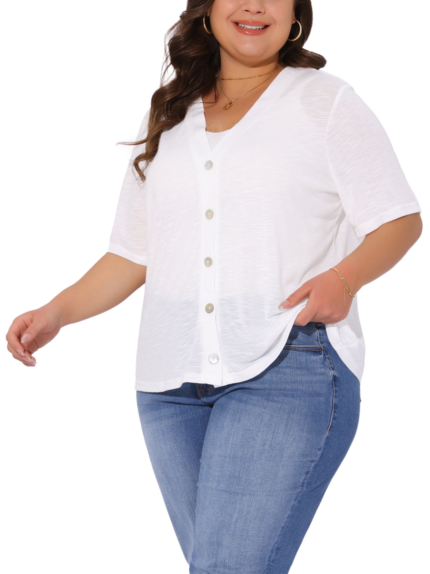 Women Plus Size Cardigan Button Down Sheer Round Neck Short Sleeve Knitted Sweater