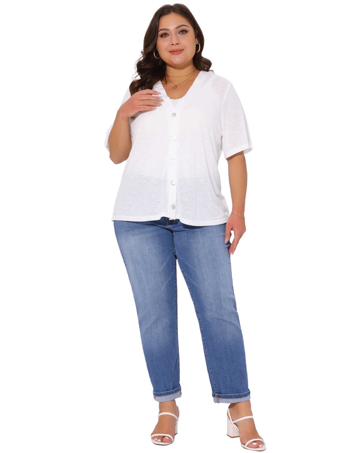 Women Plus Size Cardigan Button Down Sheer Round Neck Short Sleeve Knitted Sweater