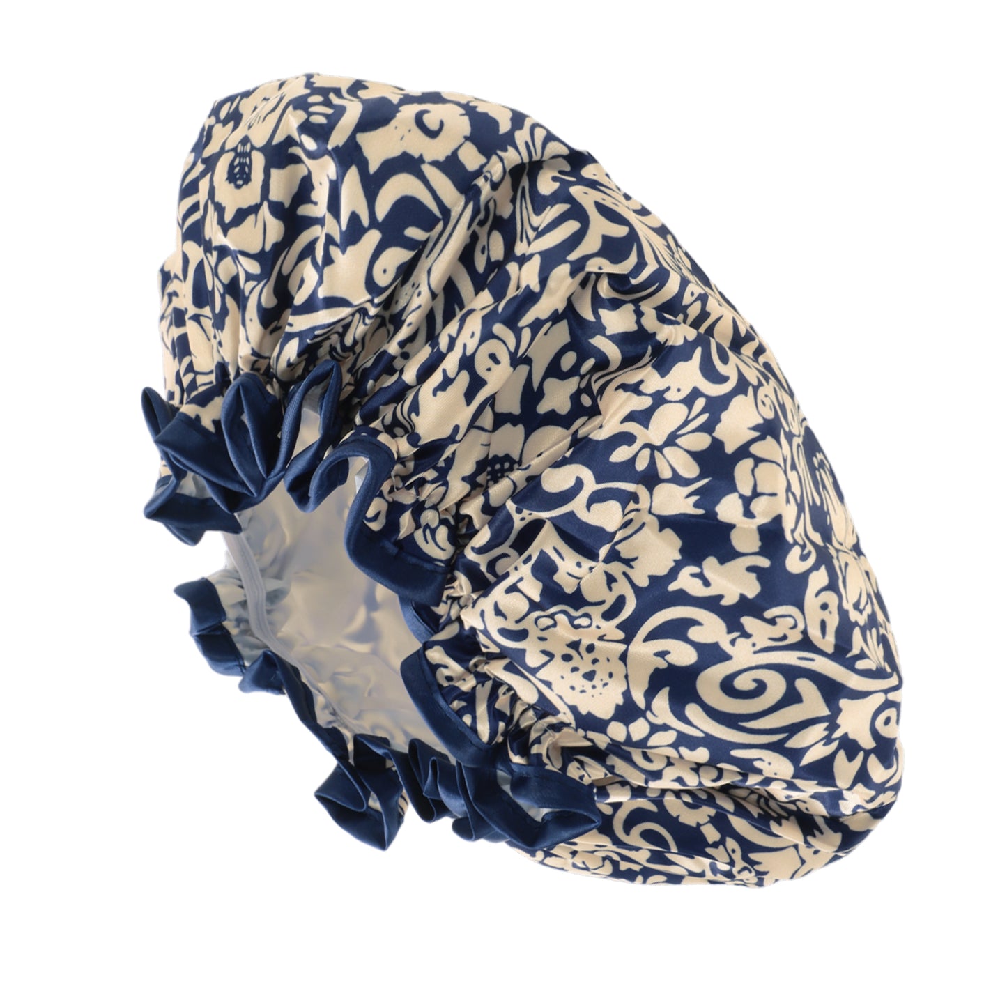 1 Pc Women Double Layer Flowers Shower Cap for Bathroom Vacation Travel Navy Blue