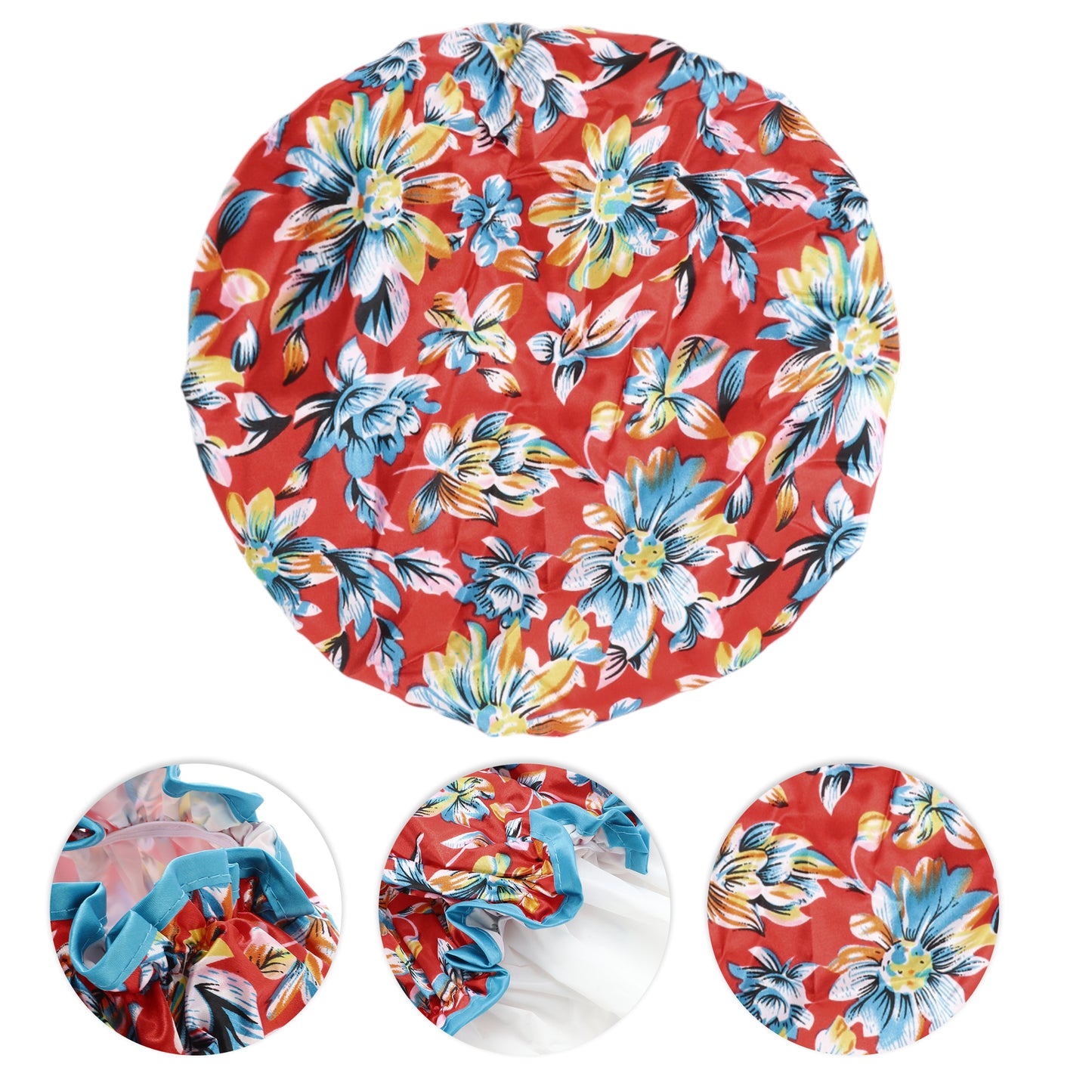 1 Pc Women Double Layer Flowers Shower Cap for Bathroom Vacation Travel Red