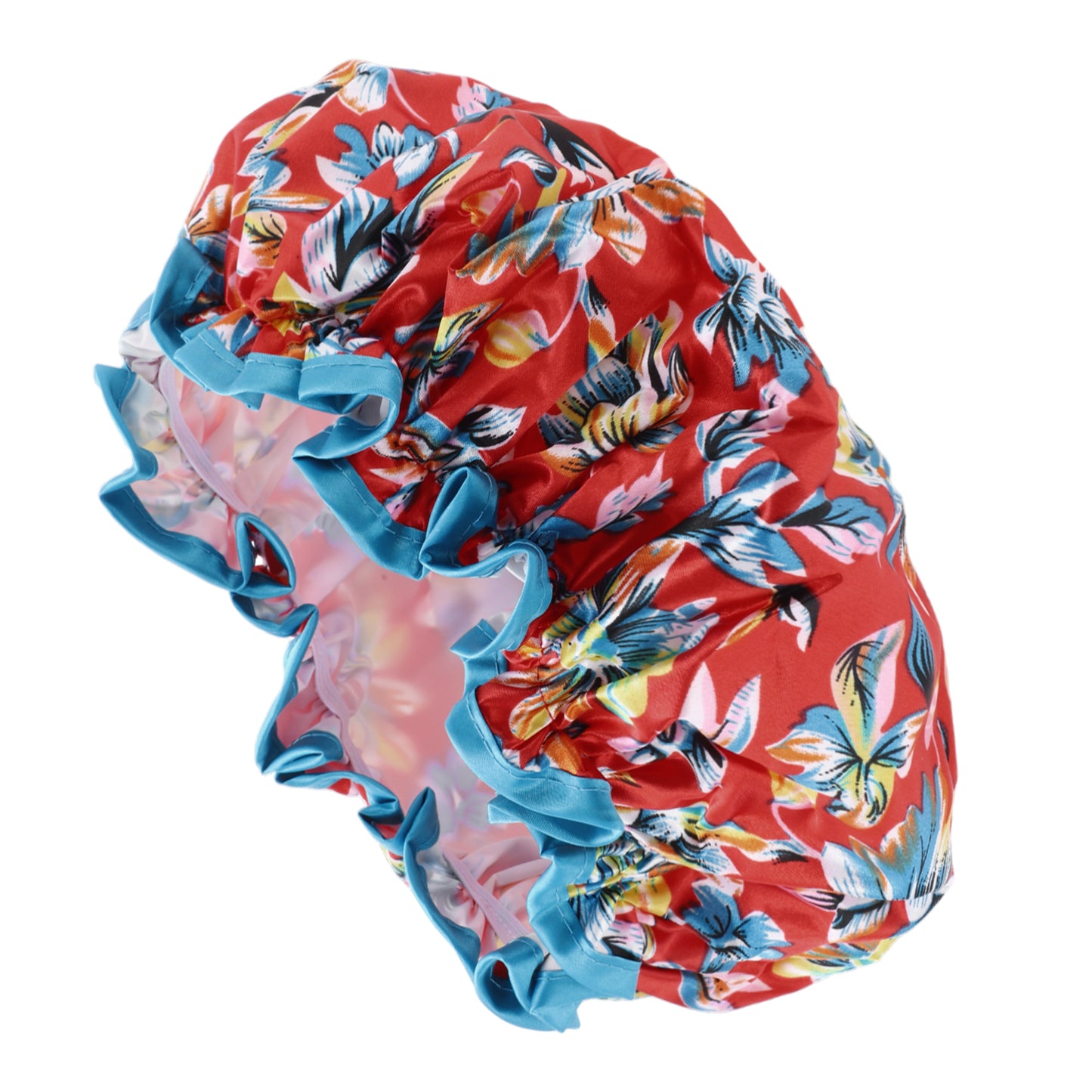 1 Pc Women Double Layer Flowers Shower Cap for Bathroom Vacation Travel Red