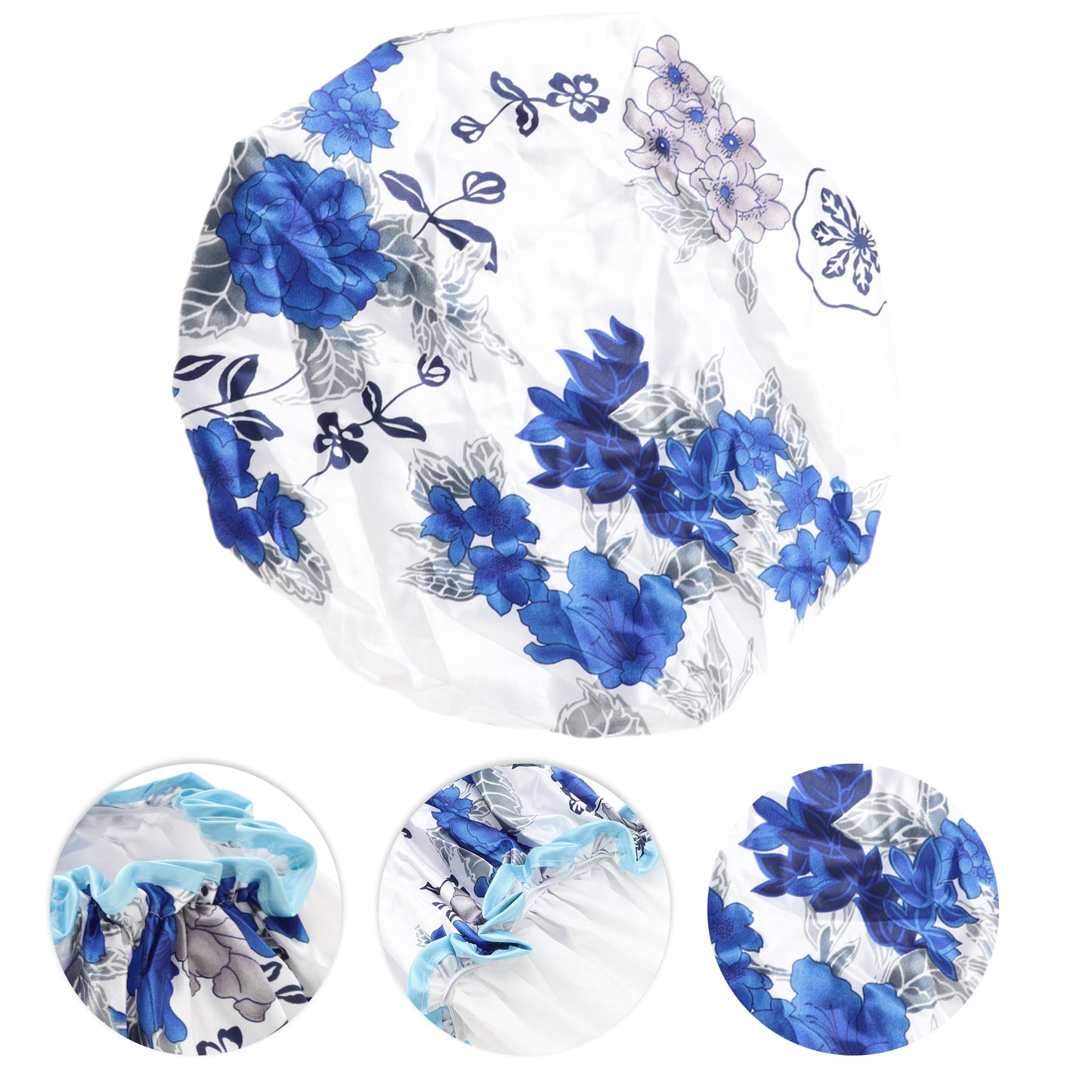 1 Pc Women Double Layer Flowers Shower Cap for Bathroom Vacation Blue White