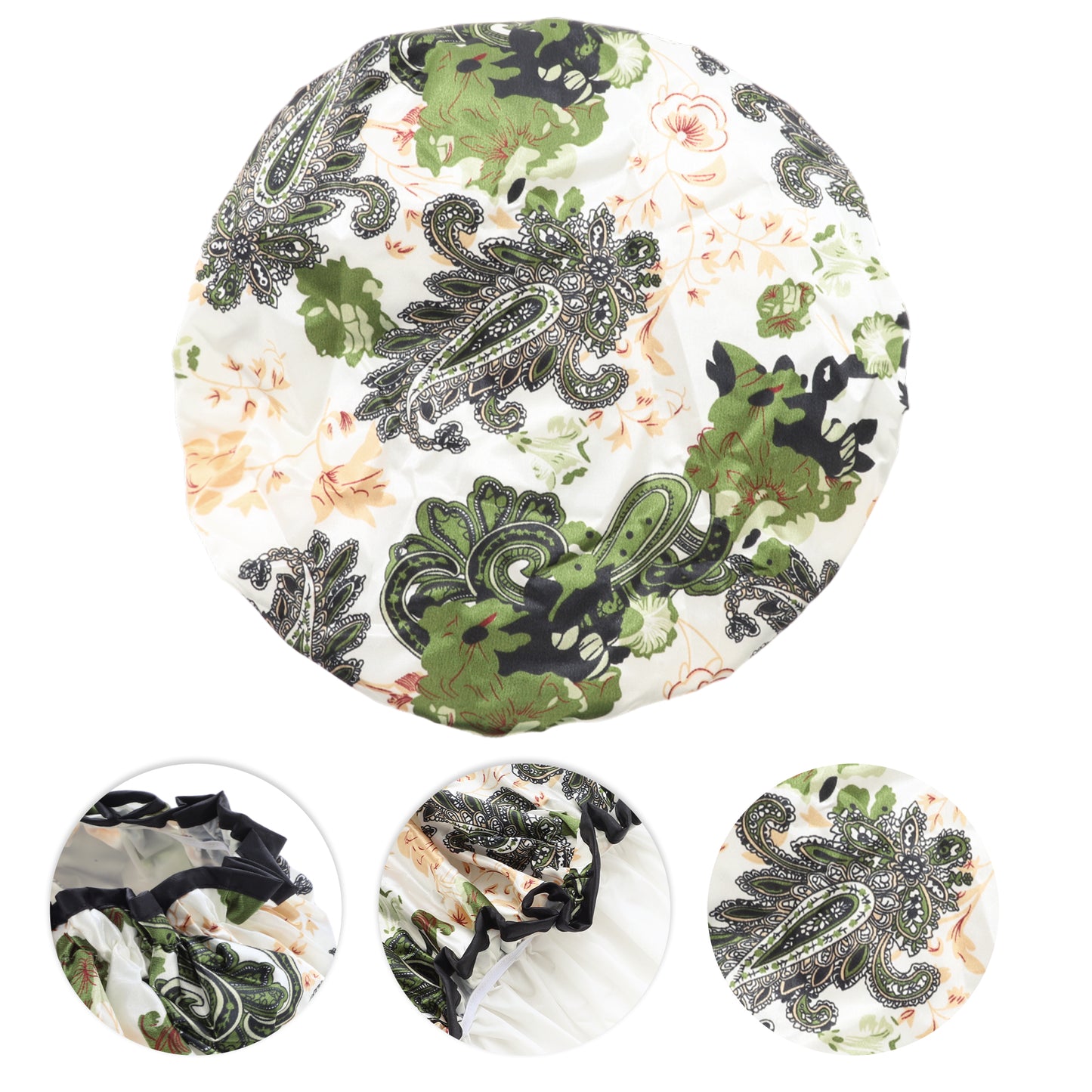Women Double Layer Begonia Flowers Shower Cap for Bathroom Travel Green White