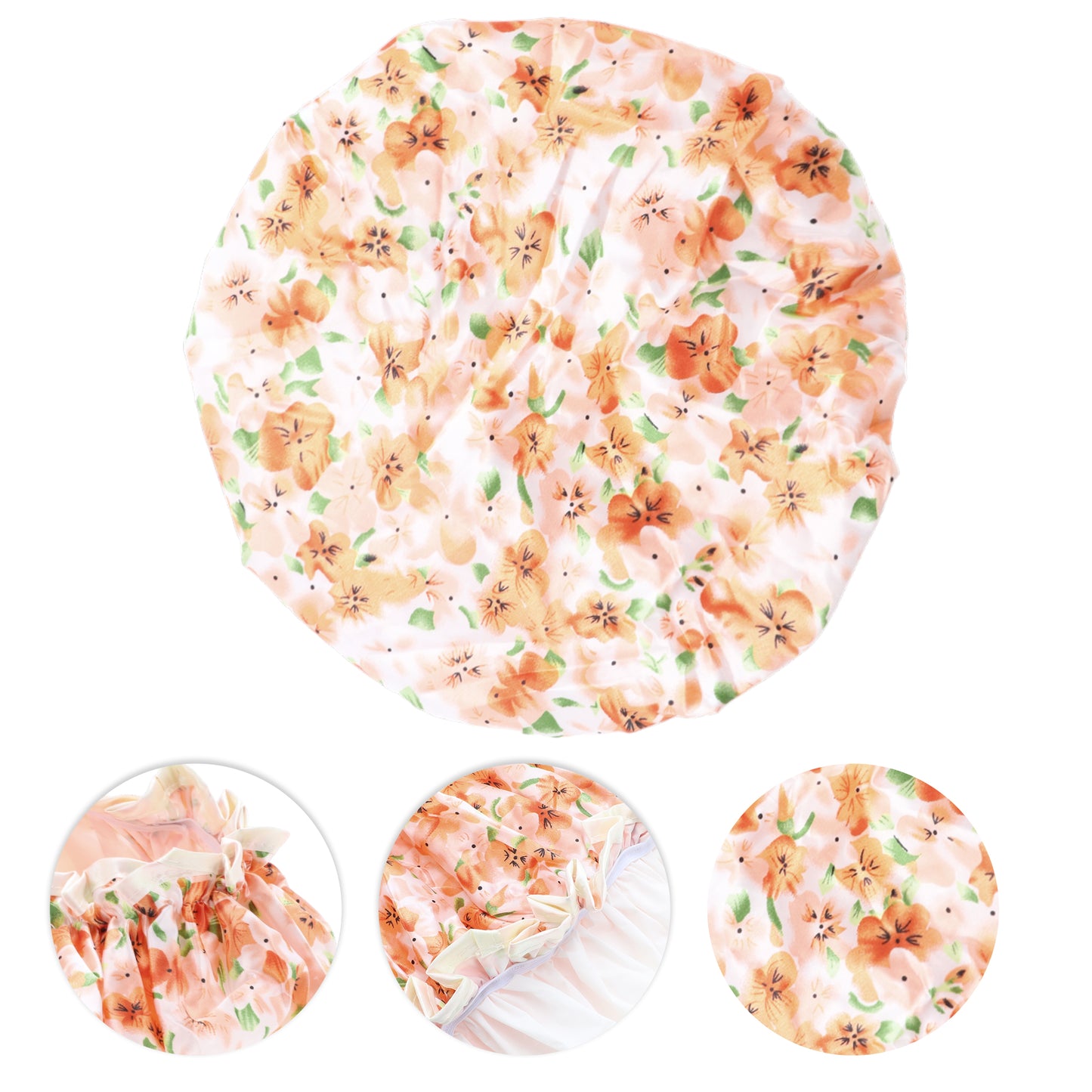 1 Pc Women Double Layer Pastoral Flowers Shower Cap for Bathroom Vacation Orange