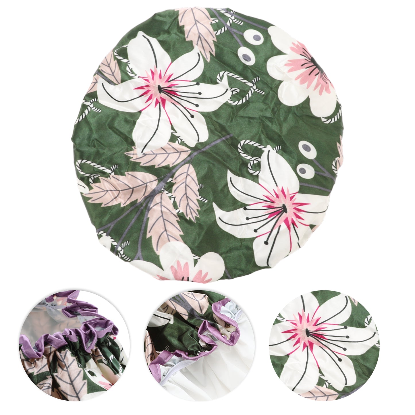 1 Pc Women Double Layer Lily Flowers Shower Cap for Bathroom Vacation Green