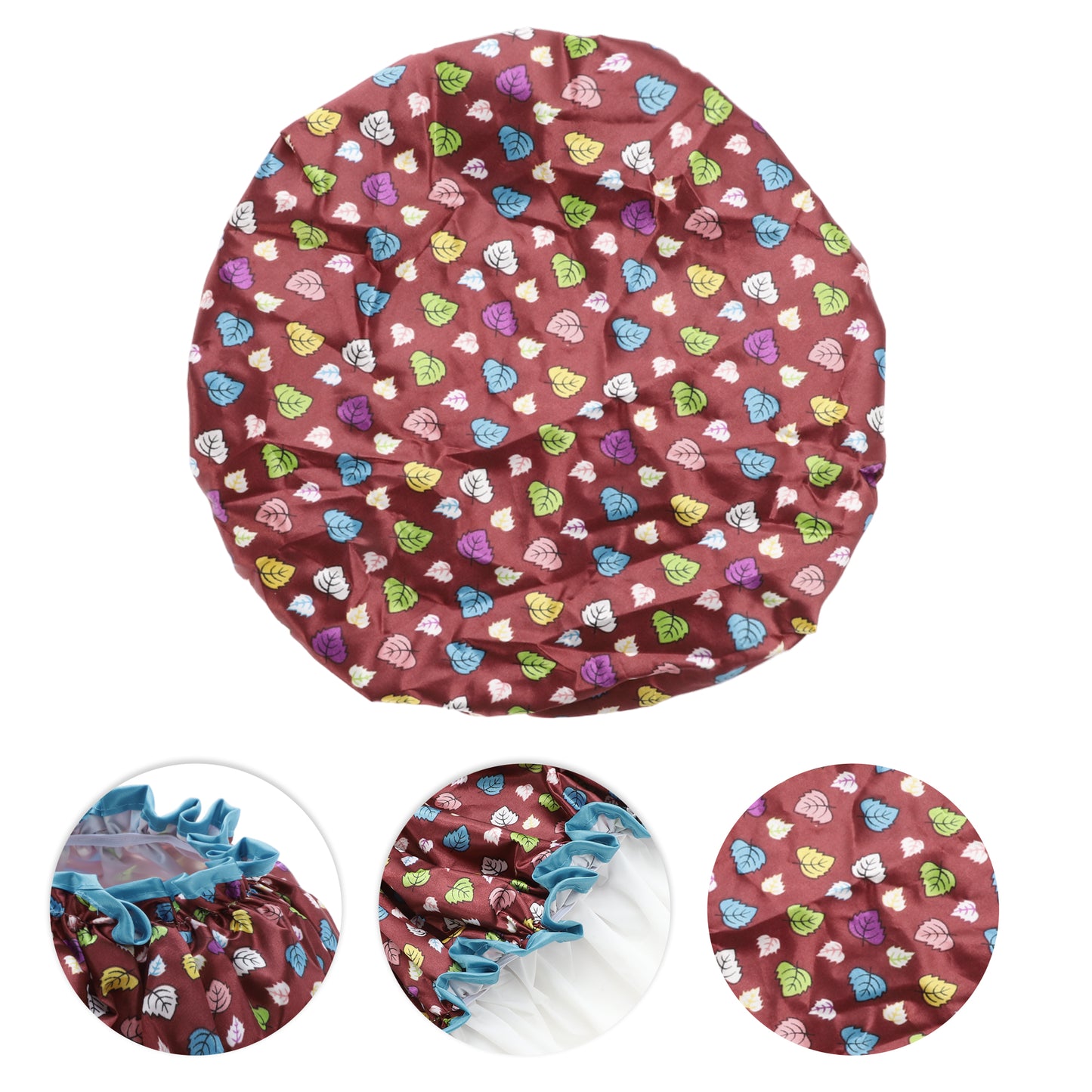 1 Pc Women Double Layer Colored Leaves Shower Cap for Bathroom Travel Deep Brown