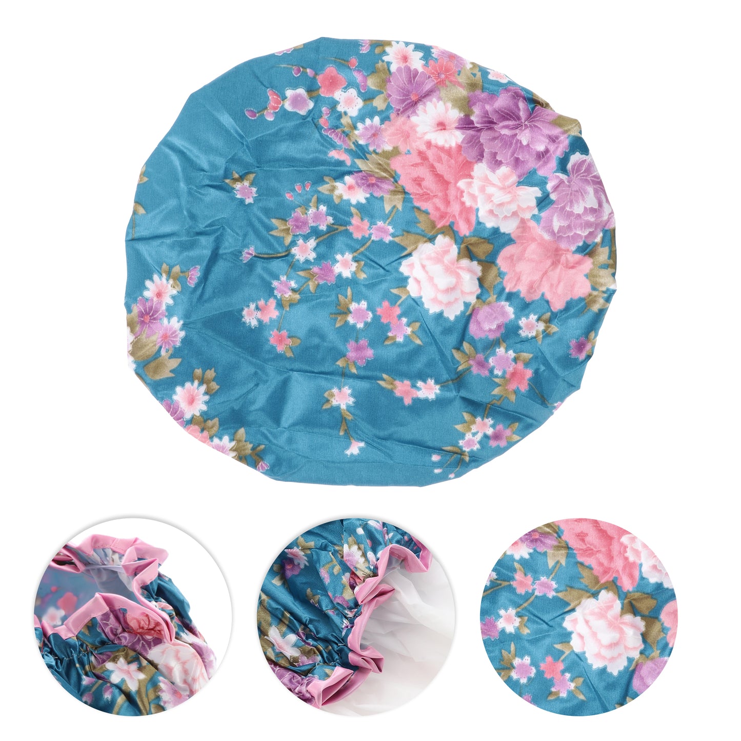 1 Pc Women Double Layer Hibiscus Flowers Shower Cap for Bathroom Vacation Blue