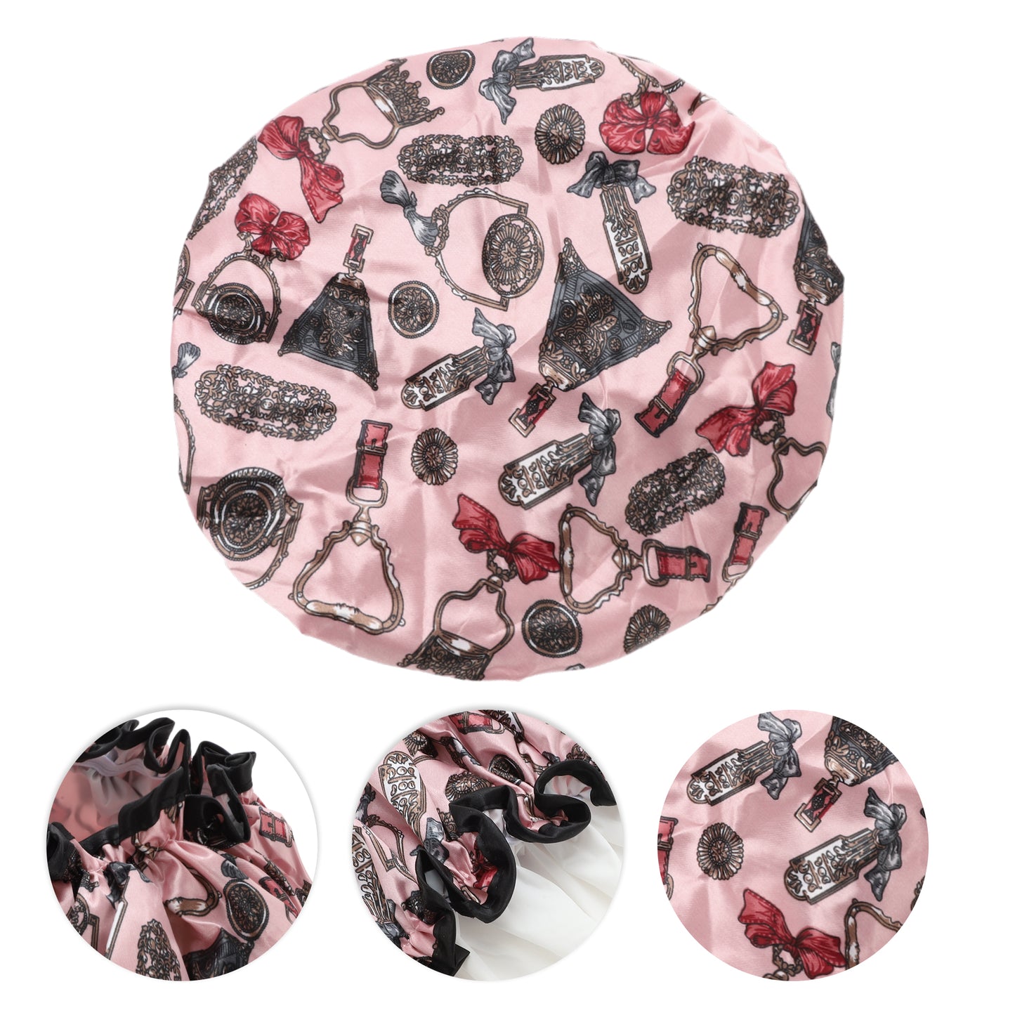 1 Pc Women Double Layer Accessories Pattern Shower Cap for Bathroom Travel Pink