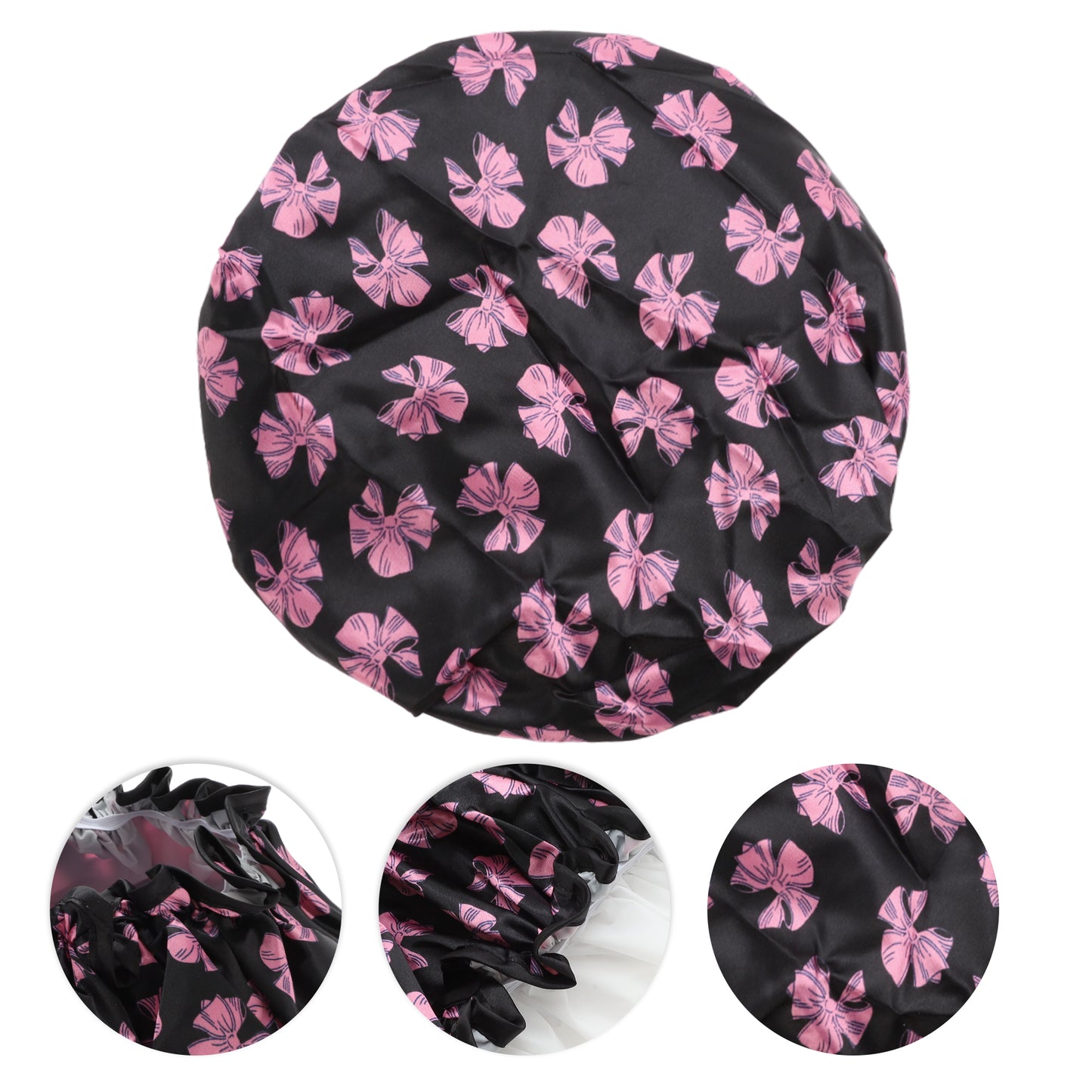 1 Pc Women Double Layer Bows Shower Cap for Bathroom Vacation Travel Black Pink