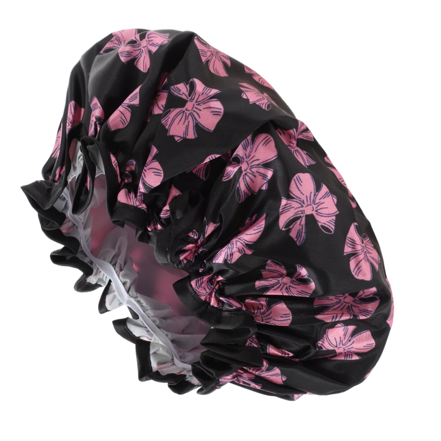 1 Pc Women Double Layer Bows Shower Cap for Bathroom Vacation Travel Black Pink