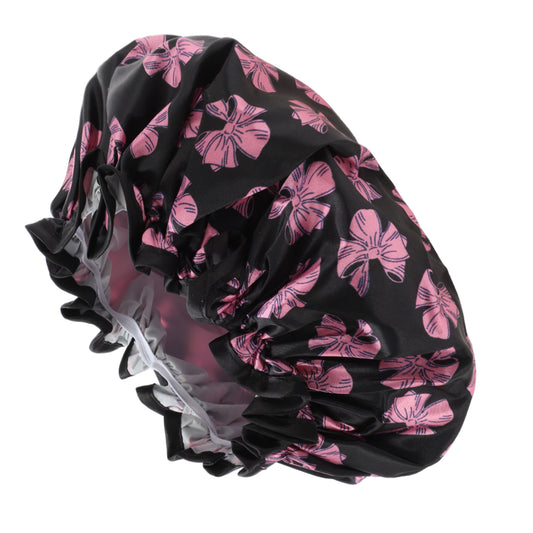 1 Pc Women Double Layer Bows Shower Cap for Bathroom Vacation Travel Black Pink