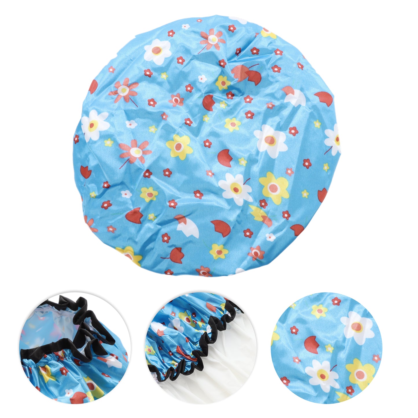 1 Pc Women Double Layer Small Flowers Shower Cap for Bathroom Vacation Blue
