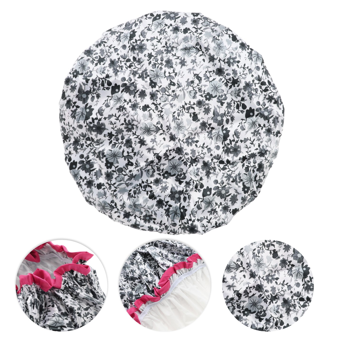 1 Pc Women Double Layer Flowers Shower Cap for Bathroom Vacation Black White