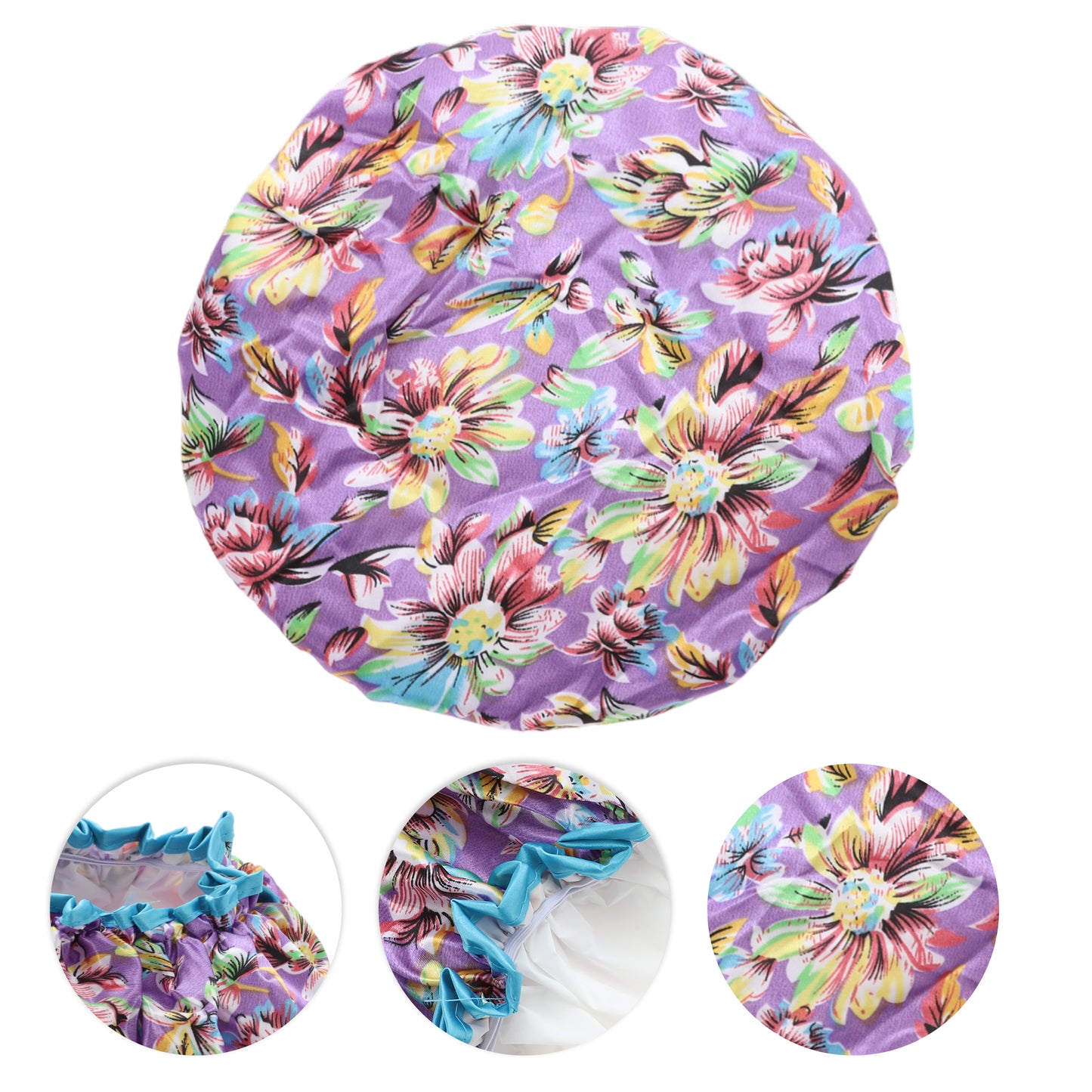 1 Pc Women Double Layer Flowers Shower Cap for Bathroom Vacation Travel Purple