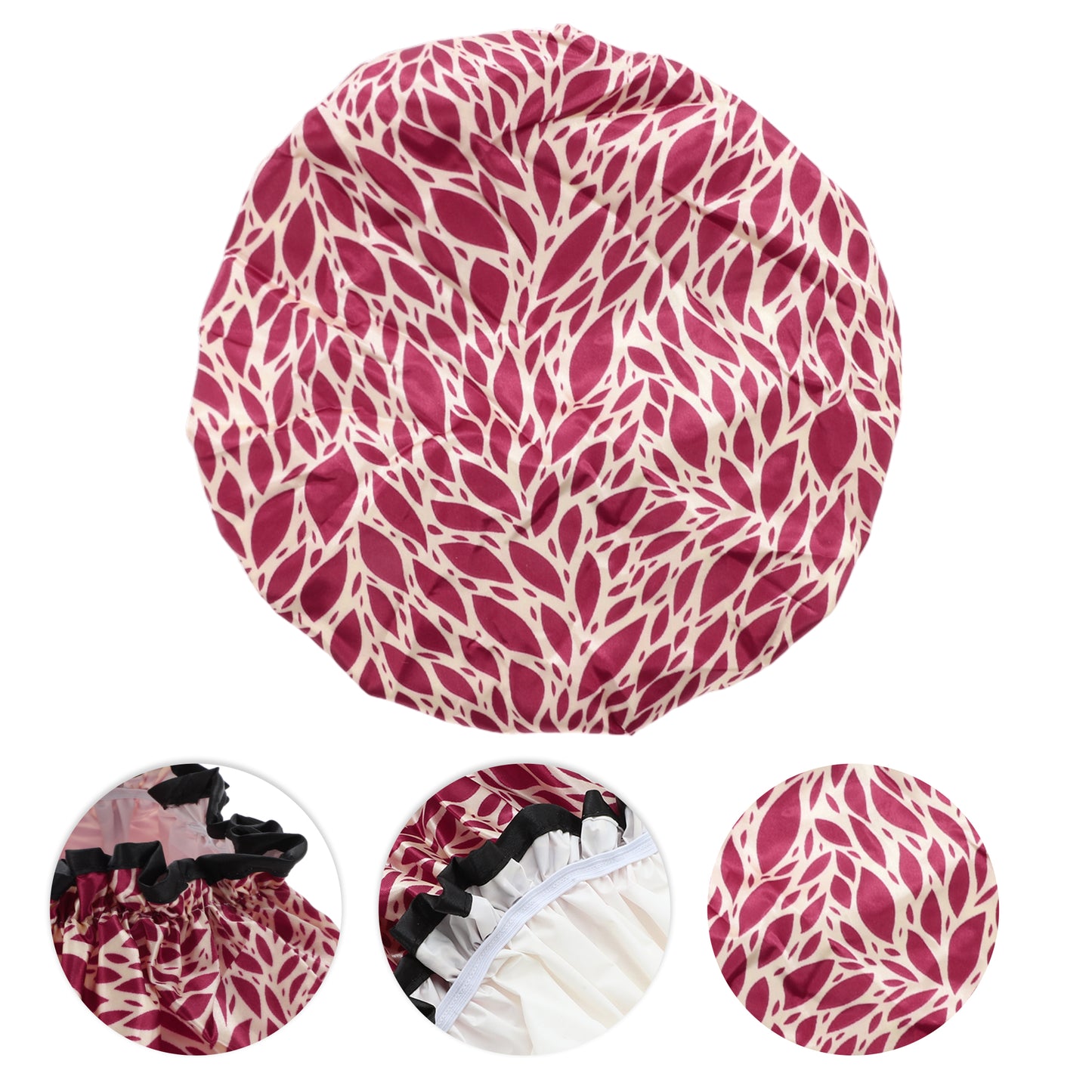 1 Pc Women Double Layer Leaves Shower Cap for Bathroom Vacation Travel Red