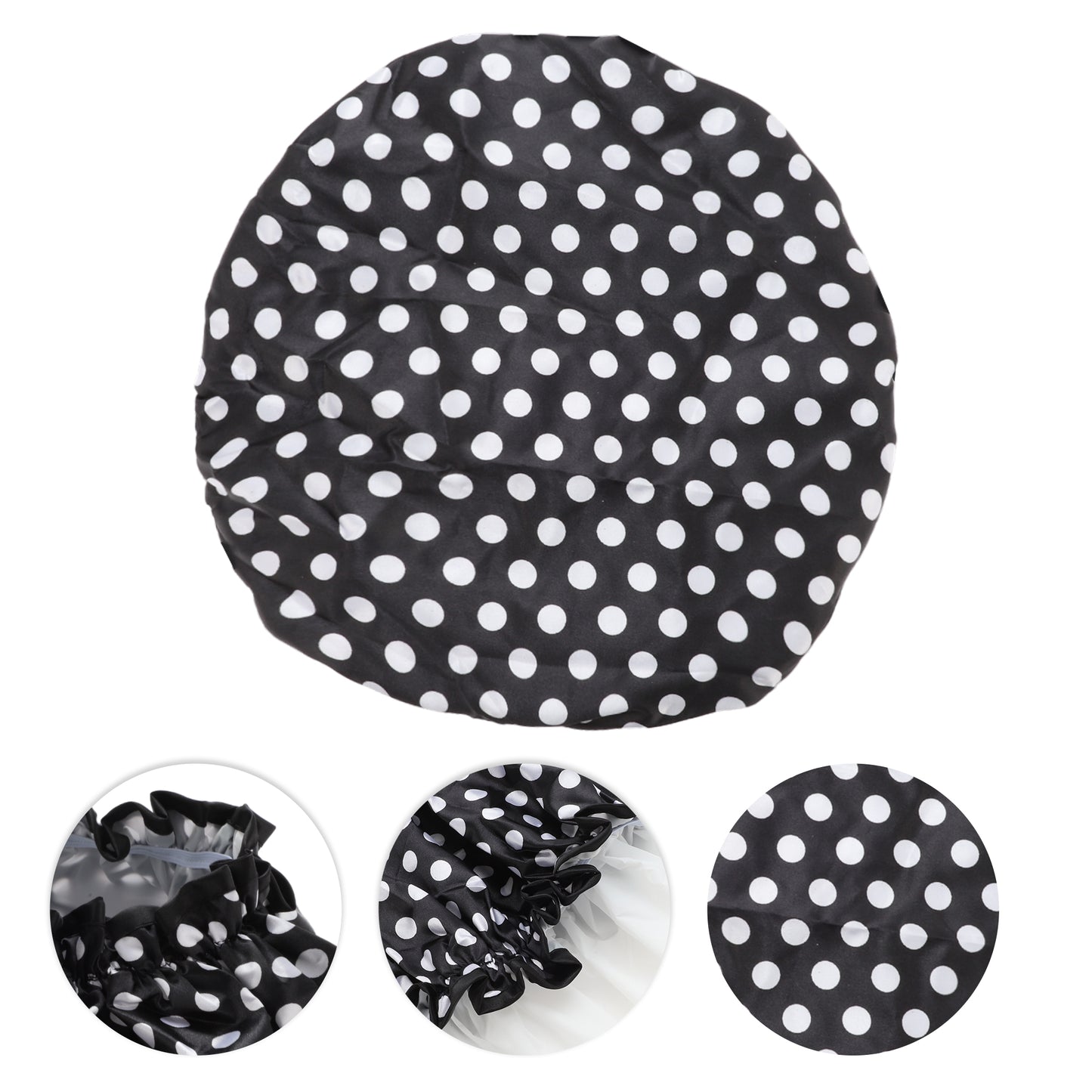 1 Pc Women Double Layer Dots Shower Cap for Bathroom Vacation Travel Black White