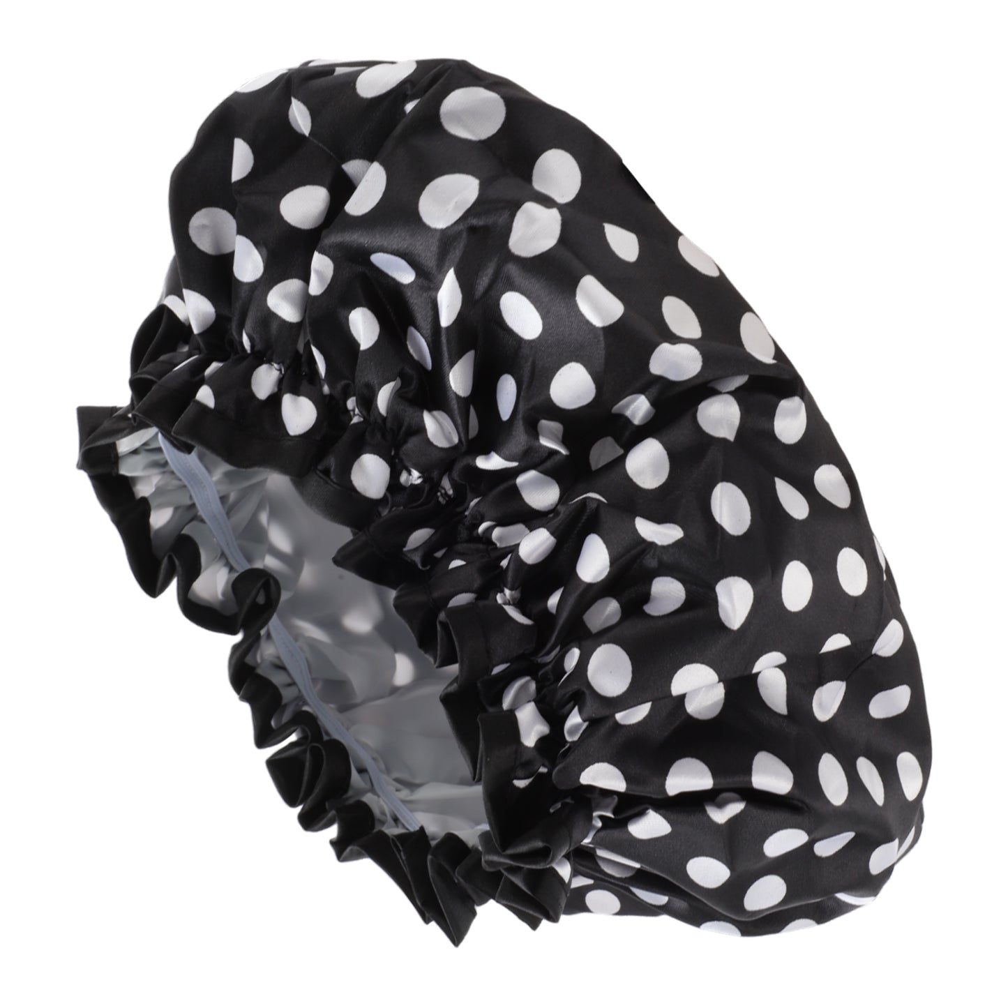 1 Pc Women Double Layer Dots Shower Cap for Bathroom Vacation Travel Black White