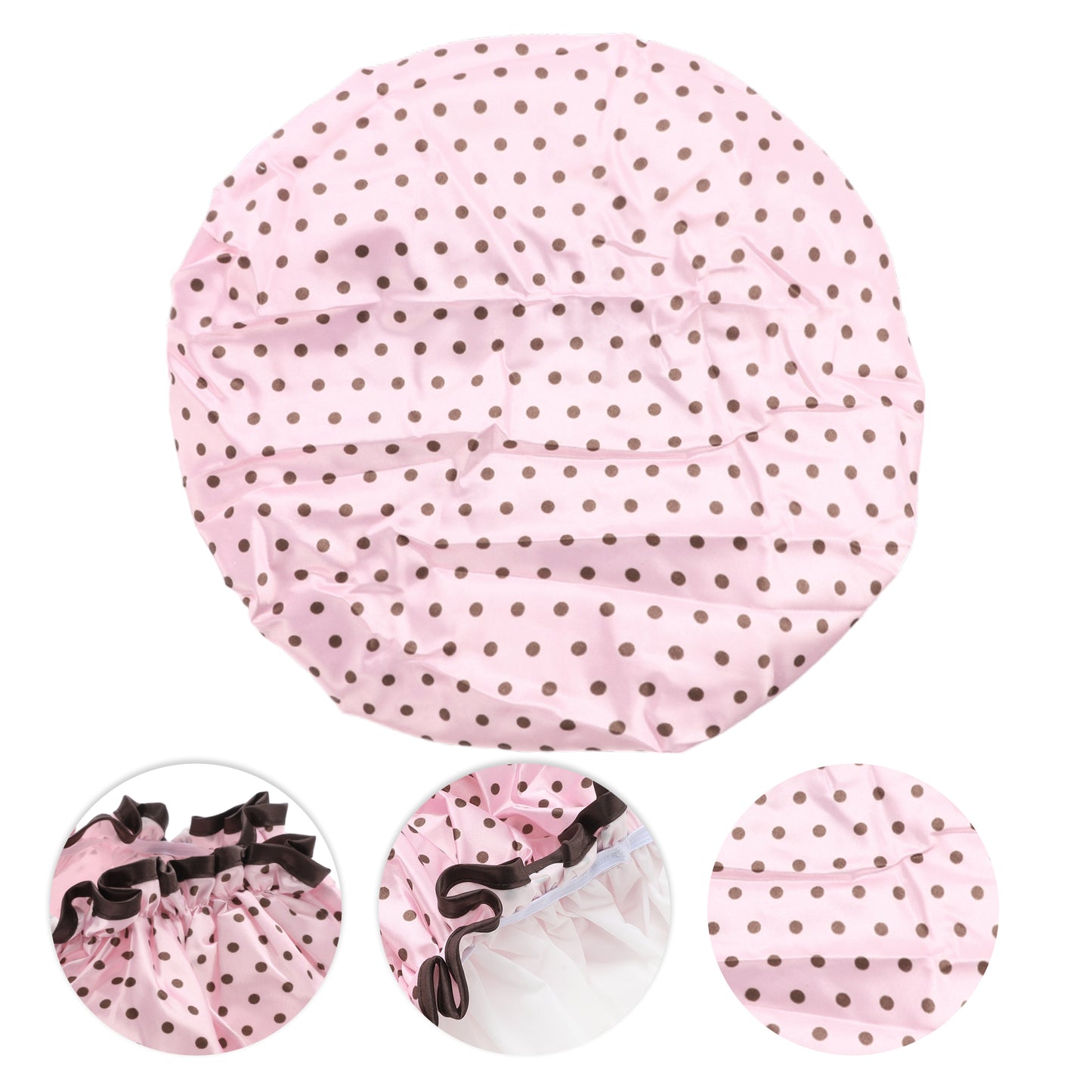 1 Pc Women Double Layer Dots Shower Cap for Bathroom Vacation Travel Pink Brown