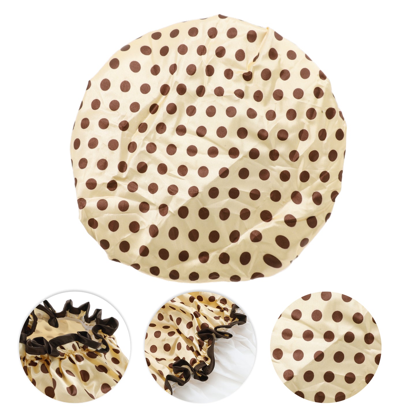 1 Pc Women Double Layer Large Dots Shower Cap for Bathroom Vacation Travel Brown
