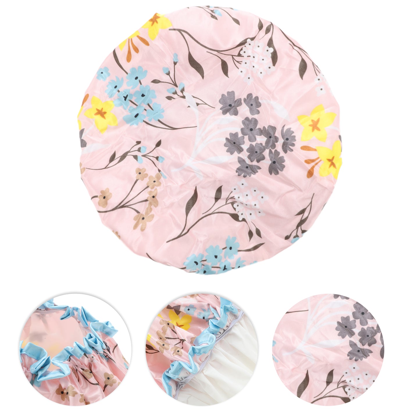 1 Pc Women Double Layer Flowers Shower Cap for Bathroom Vacation Travel Pink