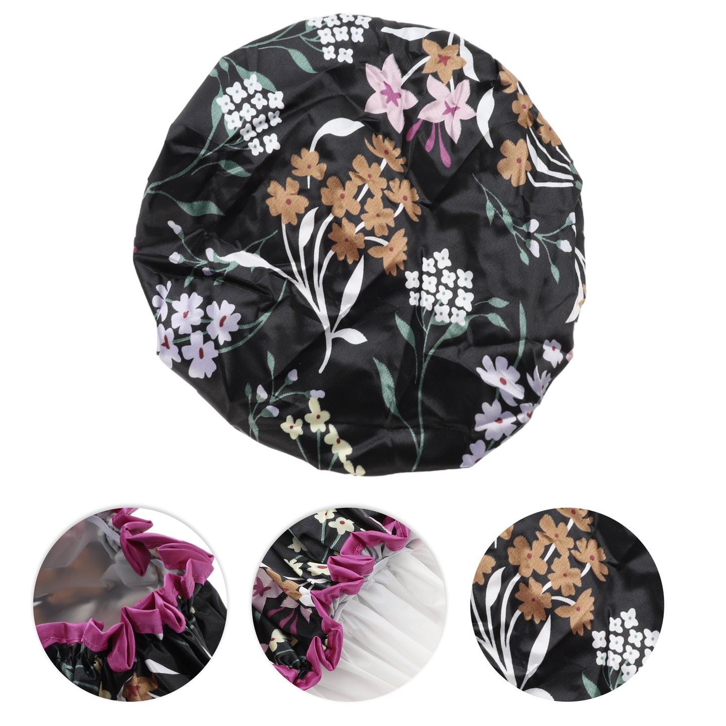 1 Pc Women Double Layer Flowers Shower Cap for Bathroom Vacation Travel Black