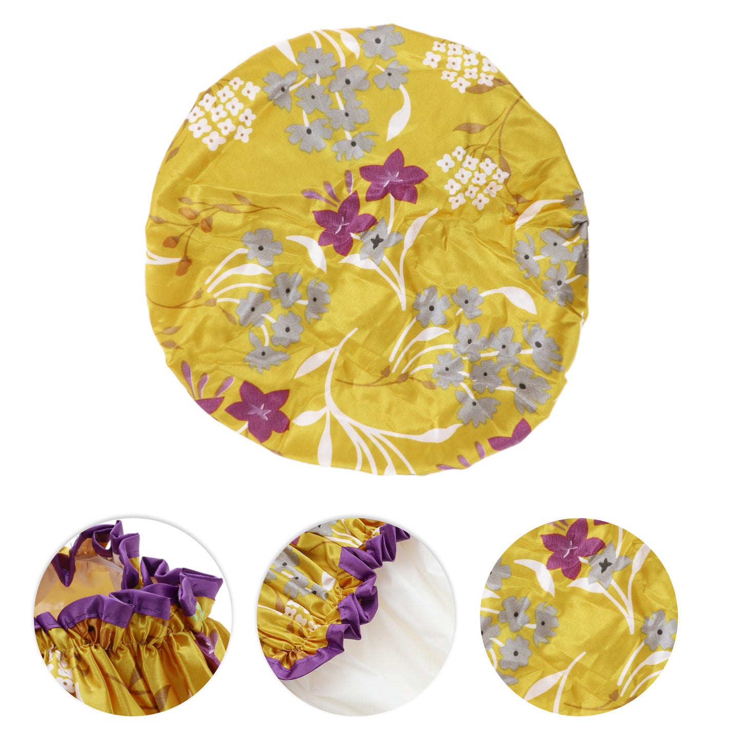 1 Pc Women Double Layer Flowers Shower Cap for Bathroom Vacation Travel Yellow