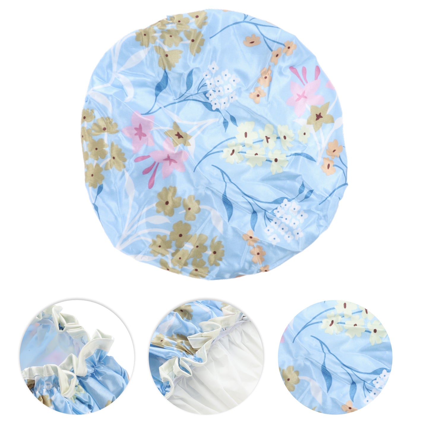 1 Pc Women Double Layer Flowers Shower Cap for Bathroom Vacation Travel Blue