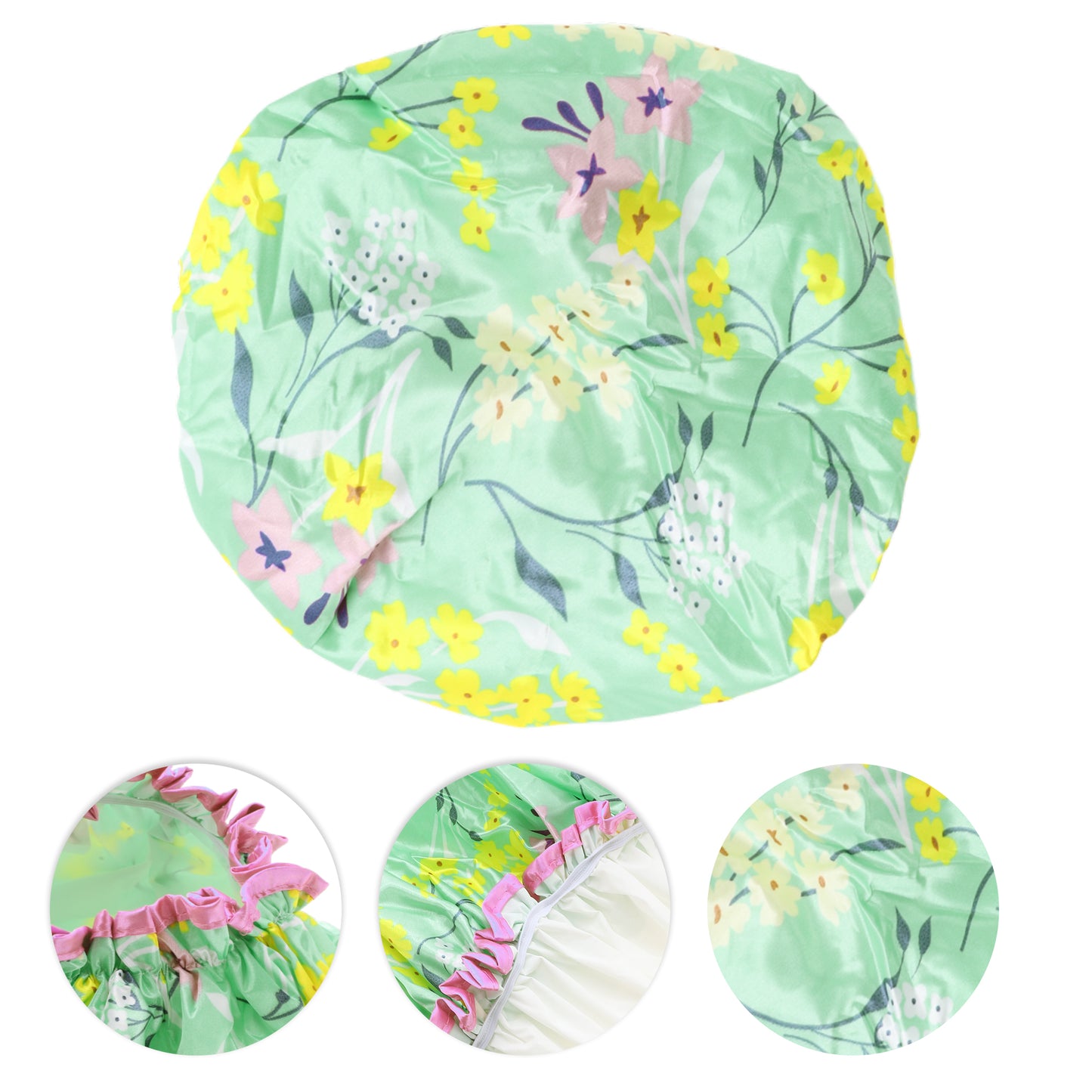 1 Pc Women Double Layer Flowers Shower Cap for Bathroom Vacation Travel Green
