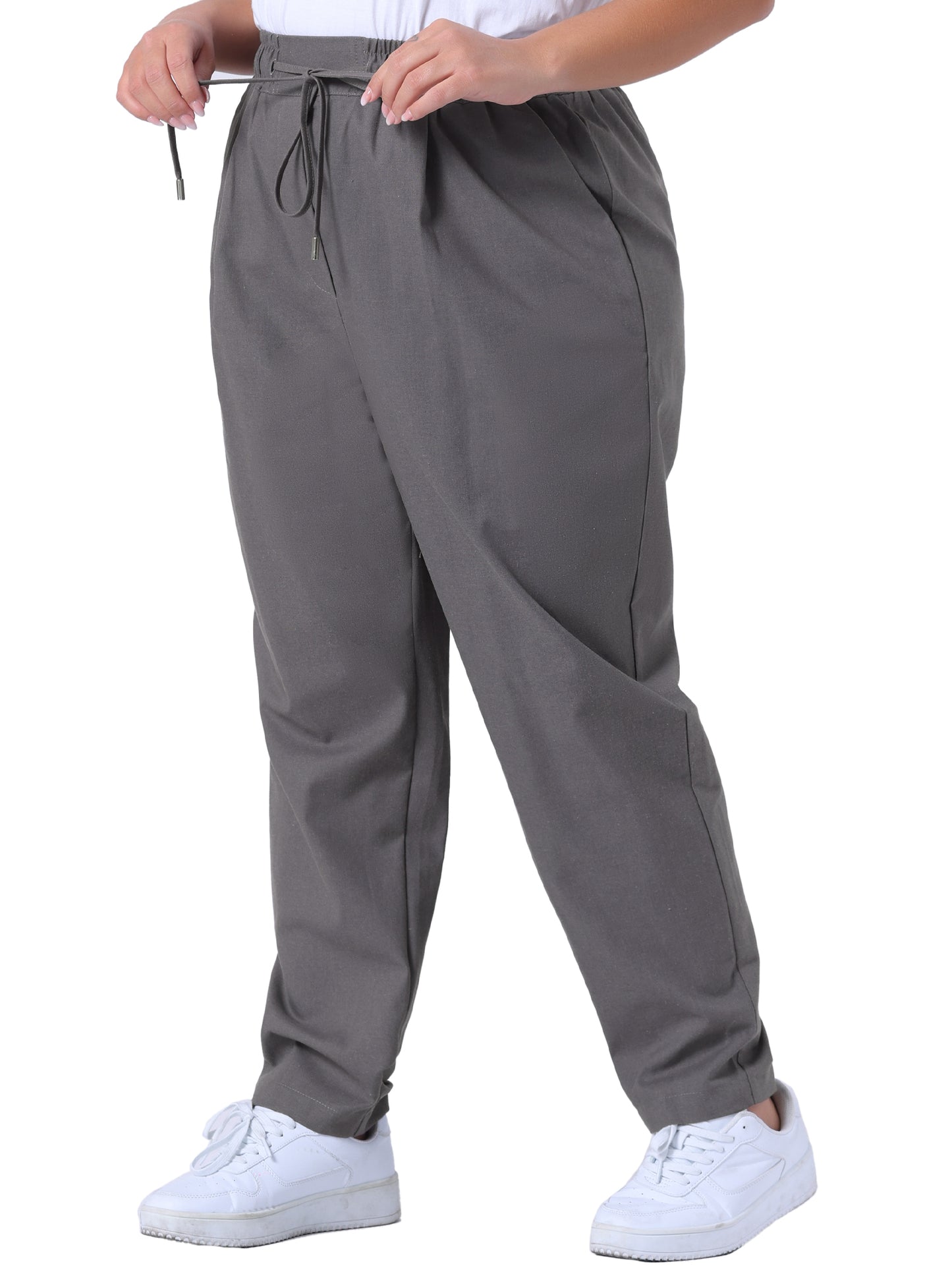 Women Plus Size Pants Straight Leg Drawstring Elastic Work Loose Trousers with Pockets