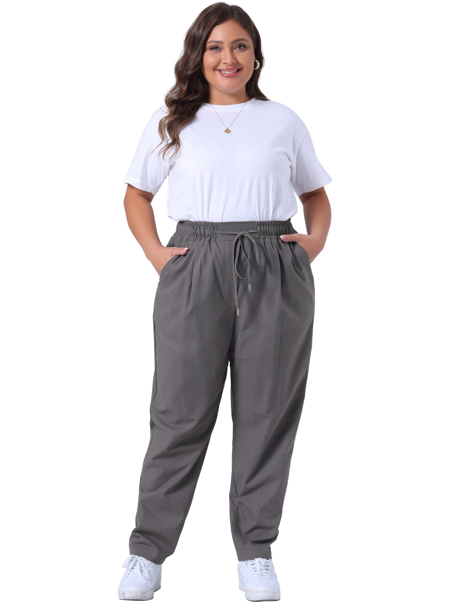 Women Plus Size Pants Straight Leg Drawstring Elastic Work Loose Trousers with Pockets