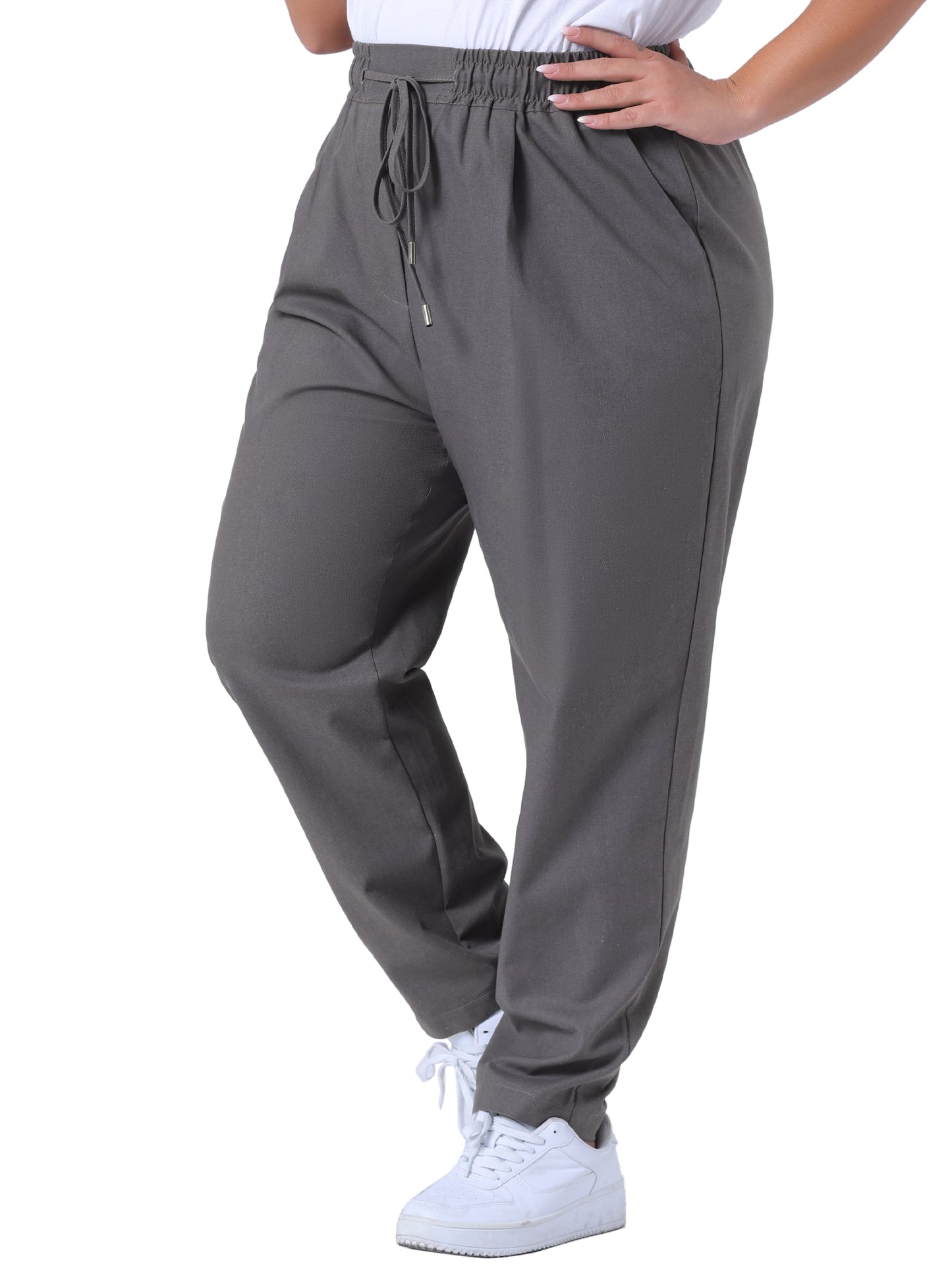 Women Plus Size Pants Straight Leg Drawstring Elastic Work Loose Trousers with Pockets
