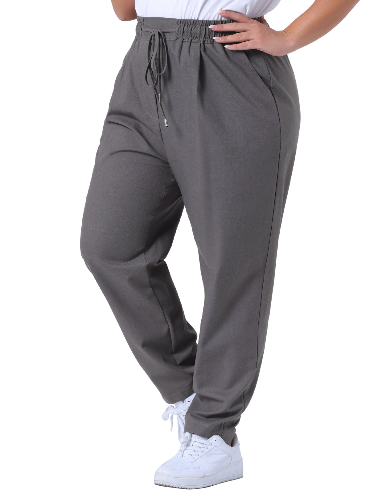 Women Plus Size Pants Straight Leg Drawstring Elastic Work Loose Trousers with Pockets