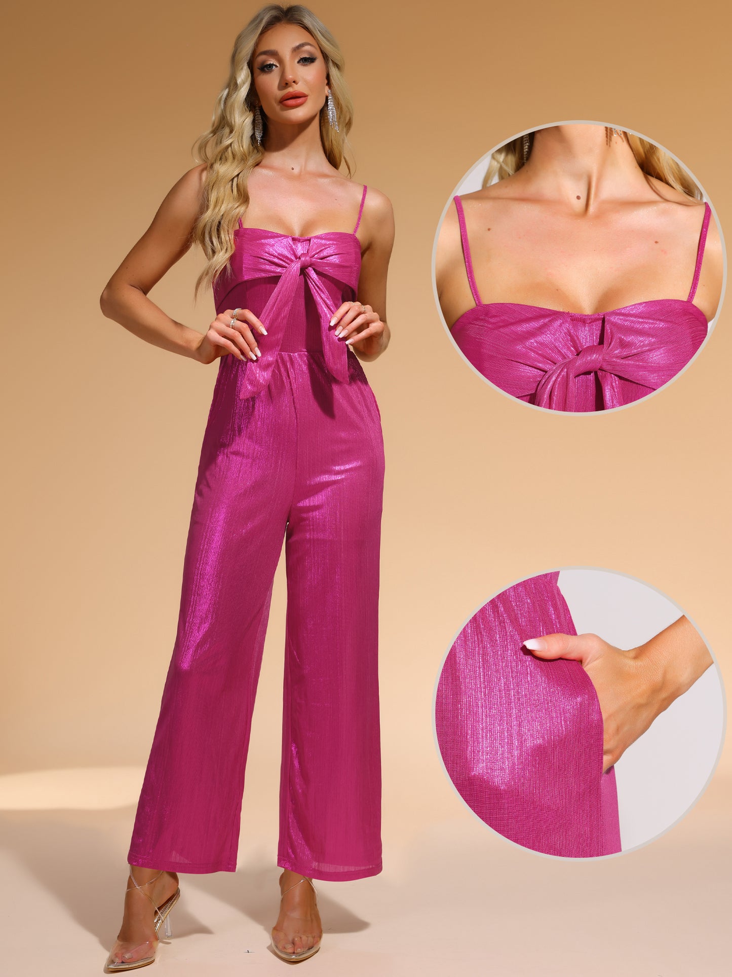 Women's Glitter V Neck Jumpsuit Sleeveless Spaghetti Strap Cami Romper Jumpsuits Party Clubwear