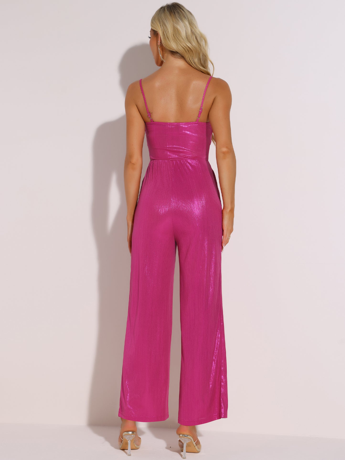 Women's Glitter V Neck Jumpsuit Sleeveless Spaghetti Strap Cami Romper Jumpsuits Party Clubwear