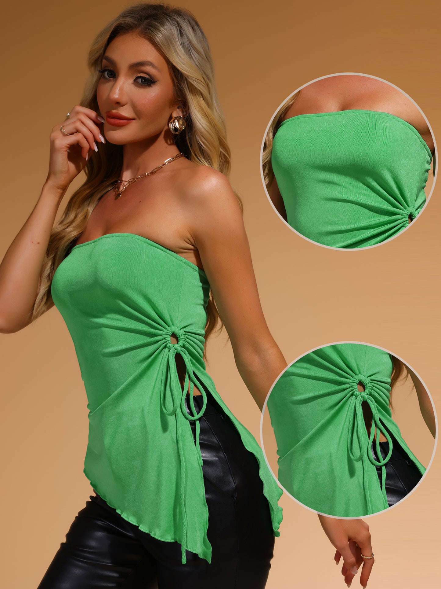 Women's Strapless Top Drawstring Ruched Asymmetrical Ruffle Hem Bandeau Top