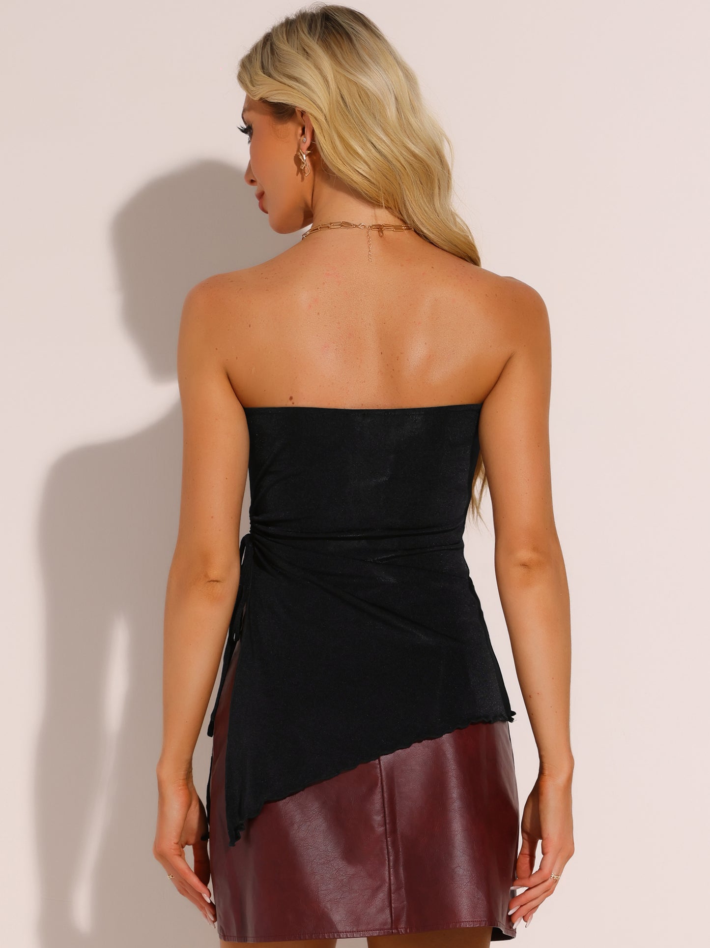 Women's Strapless Top Drawstring Ruched Asymmetrical Ruffle Hem Bandeau Top